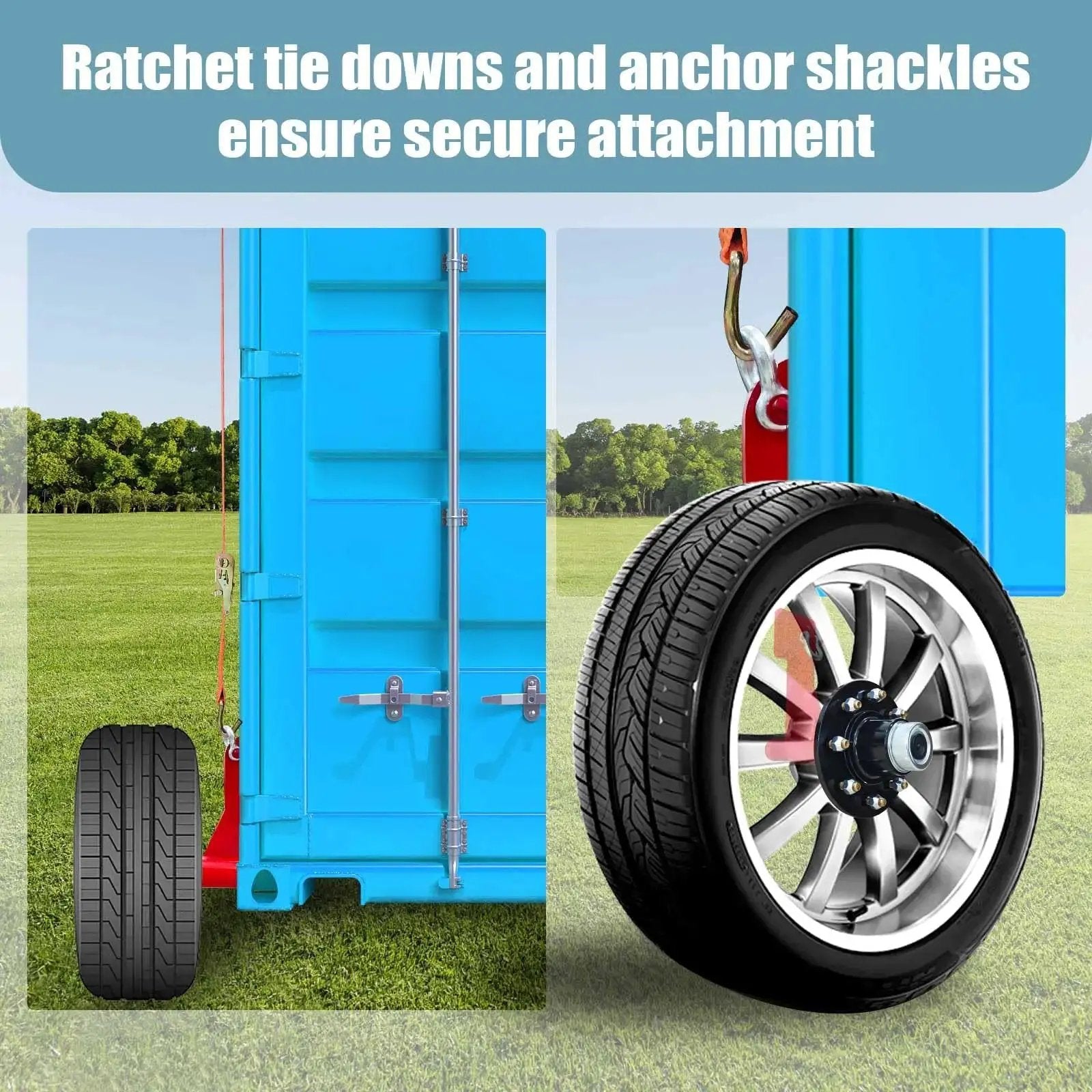 Heavy Duty Container Wheel Kit For 20ft And 40ft Empty Shipping Containers With 8 Lug Wheels, installed on blue container