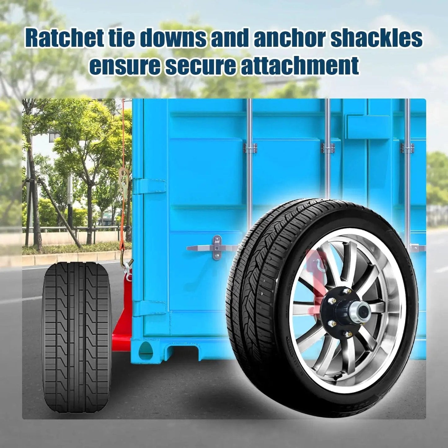 Container Wheel Kit With 6-Lug Axles And Heavy Duty Ratchet Tie Downs For Moving 20 To 40-Foot Shipping Containers on road