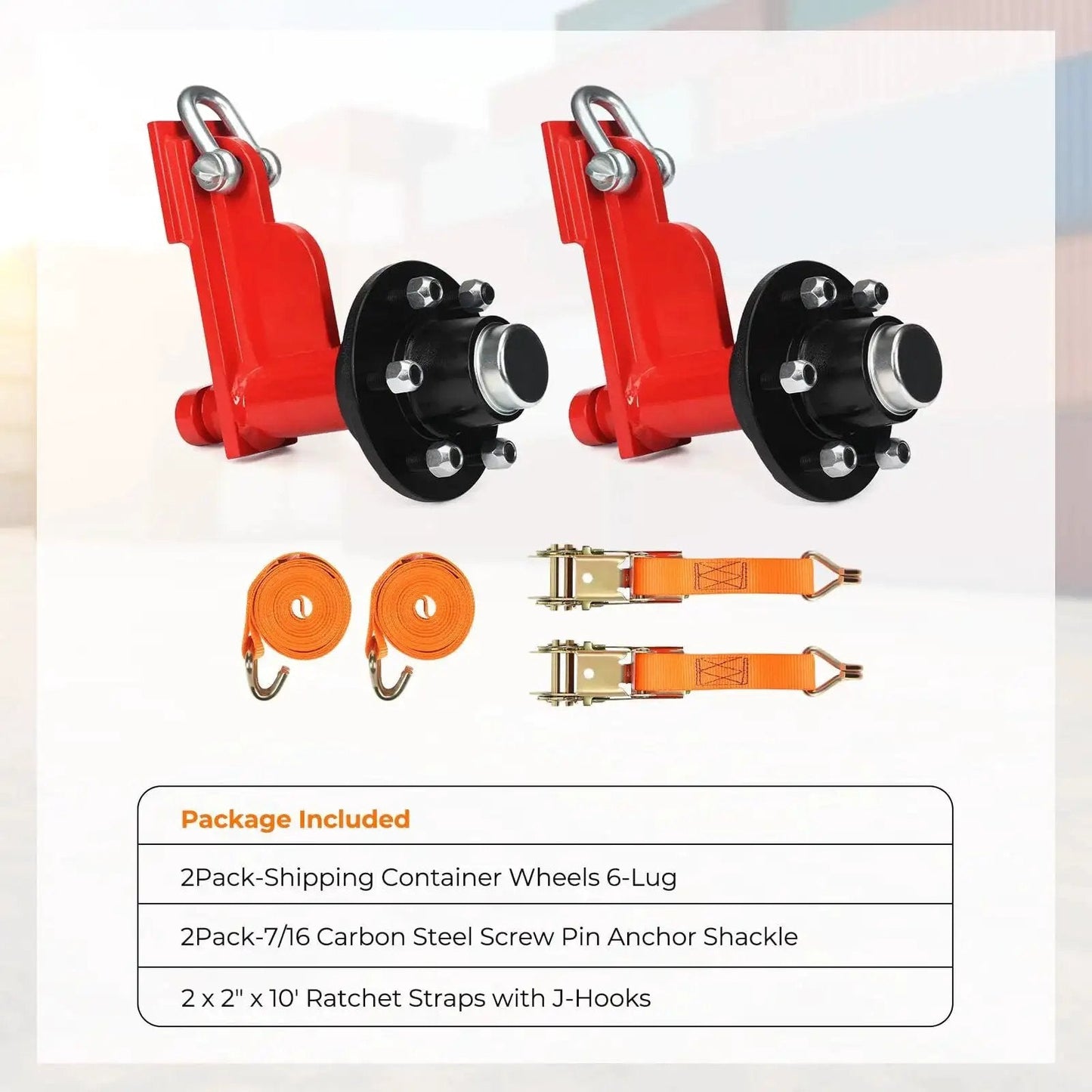 2 Pack Shipping Container Wheels 6 Lug Axles Kit With Ratchet Tie Down for moving 20ft to 40ft containers, components displayed