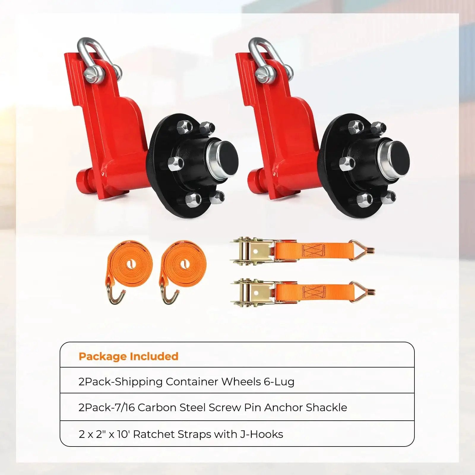 2 Pack Shipping Container Wheels 6 Lug Axles Kit With Ratchet Tie Down for moving 20ft to 40ft containers, components displayed