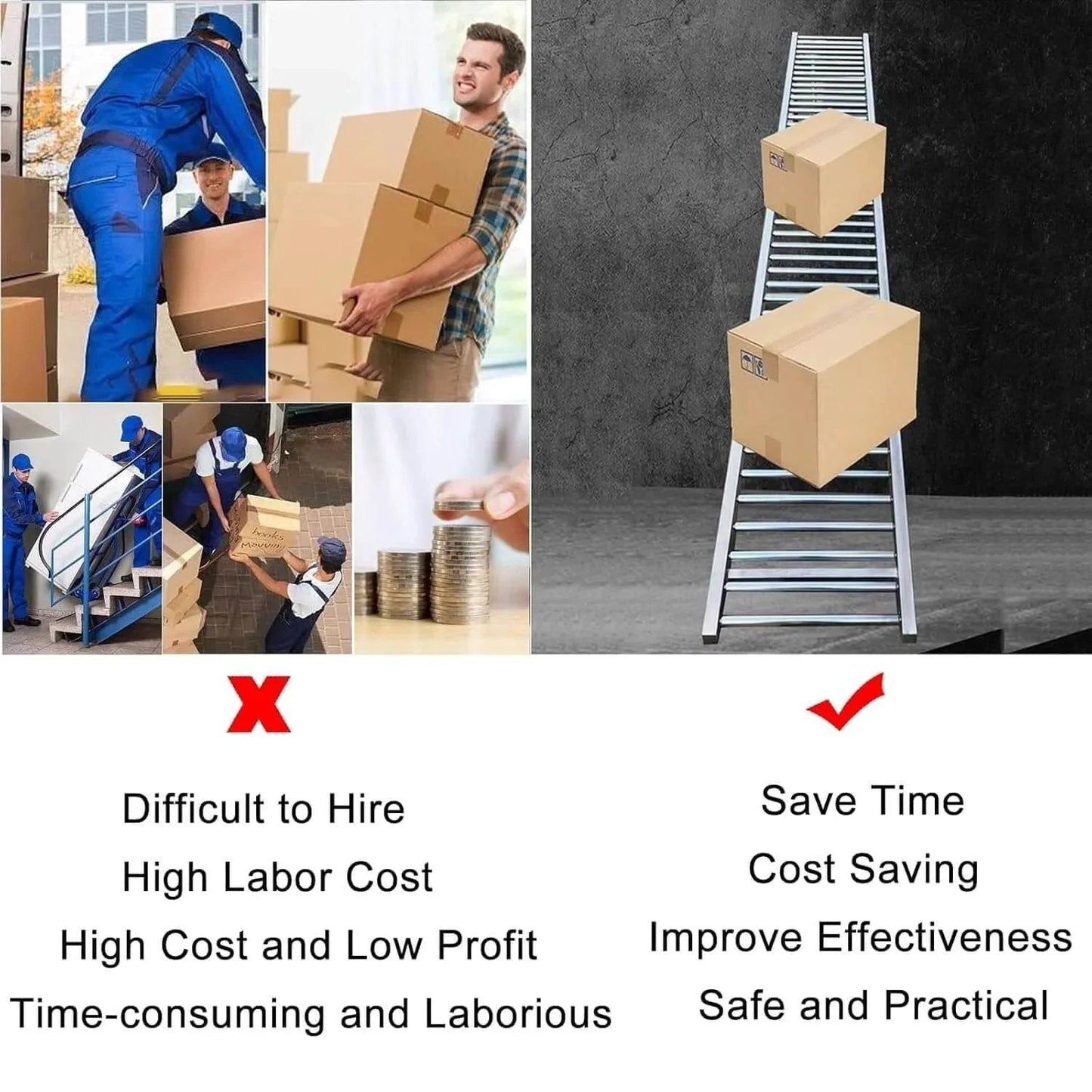 Comparison of manual labor with heavy-duty stainless steel conveyor roller belt for efficient warehouse transport.