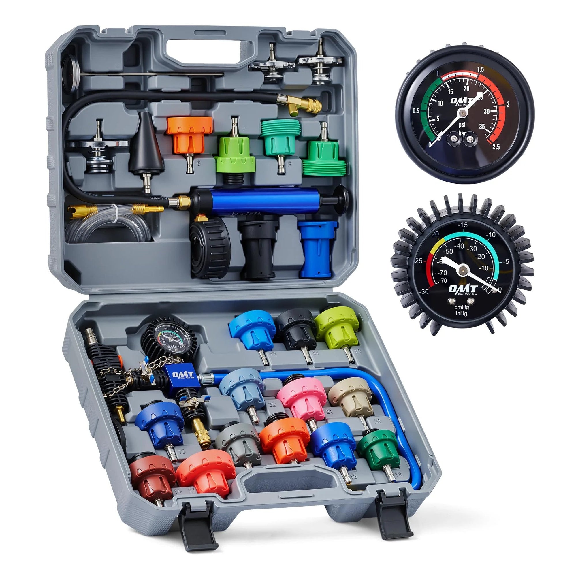 Pro Grade Coolant Pressure Tester Kit With Vacuum Pump And 23 Radiator Adapters, 31 Piece Master Set for radiator cooling system pressure testing in case.
