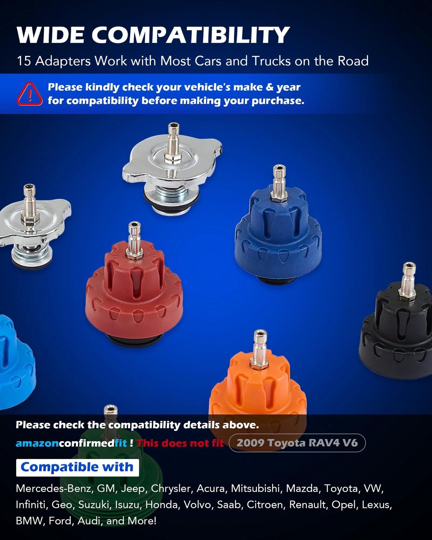 Coolant Pressure Tester Kit With 19 Piece Set Radiator Pressure Tester Includes 15 Adapters displayed with various adapter colours and designs.