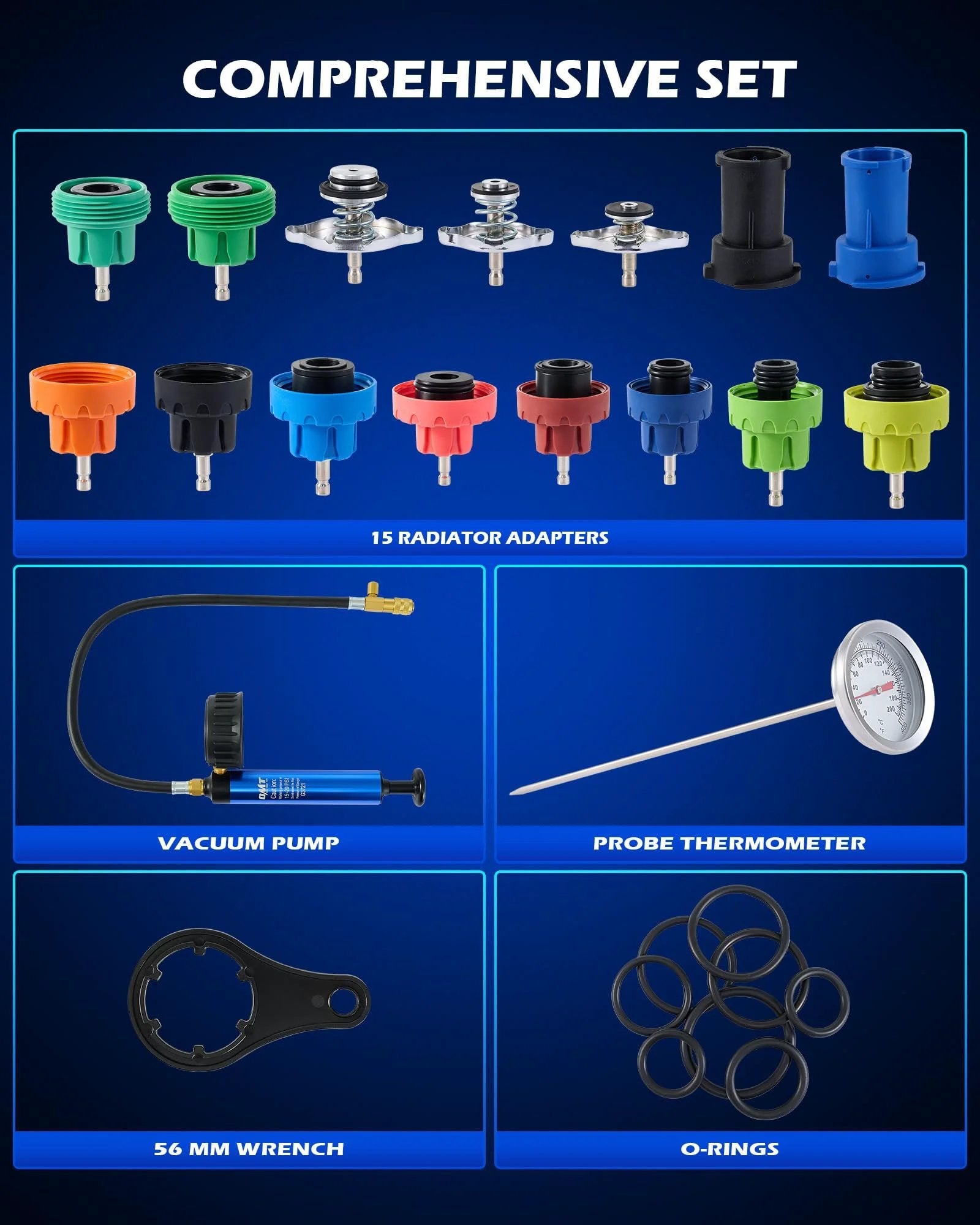 Coolant Pressure Tester Kit With 19 Piece Set Radiator Pressure Tester Includes 15 Adapters Vacuum Pump Probe Thermometer Wrench And O Rings For Easy Leak Diagnosis In Vehicle Cooling System, showing 15 radiator adapters, vacuum pump, thermometer, wrench, and O-rings.