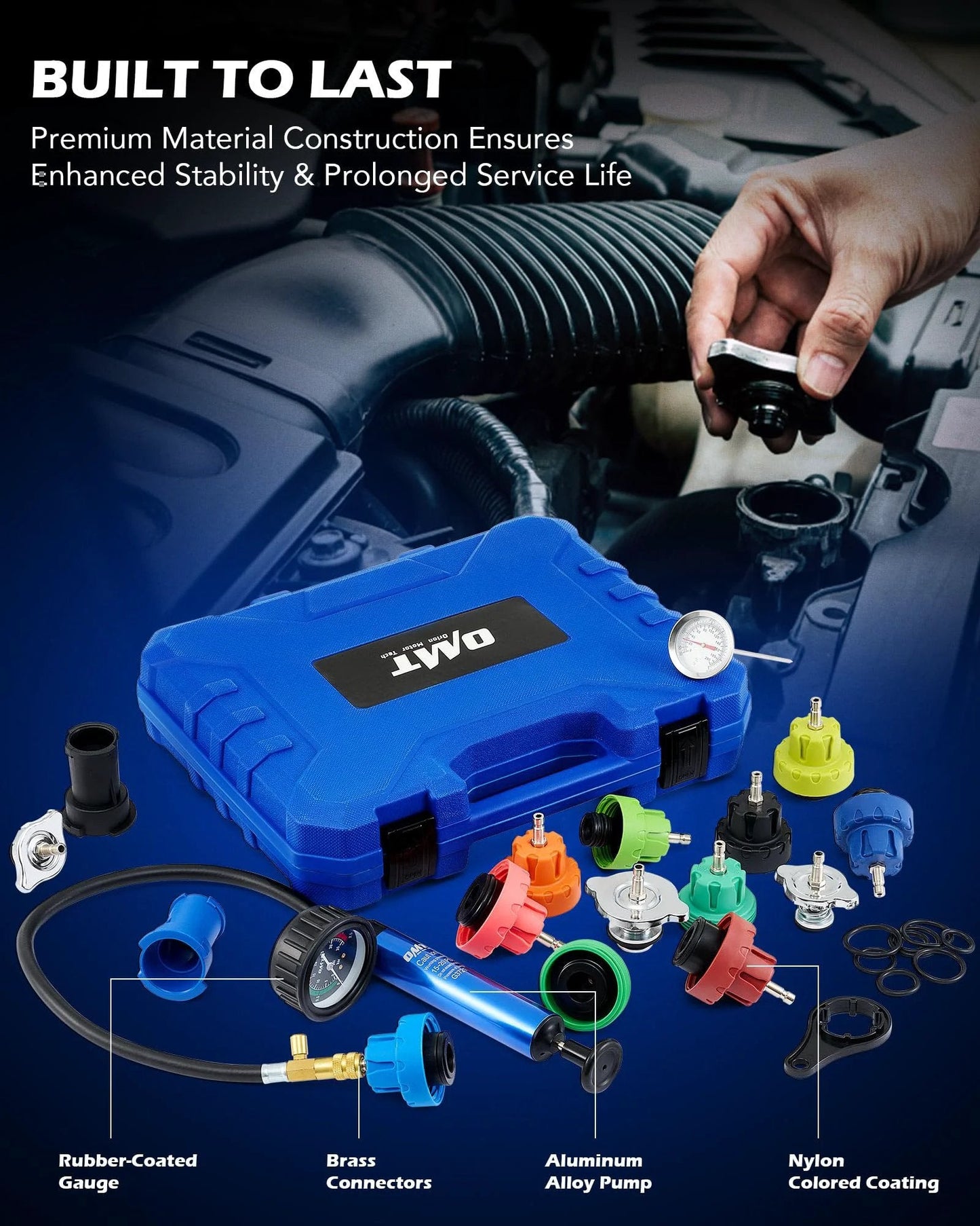 Coolant Pressure Tester Kit With 19 Piece Set Radiator Pressure Tester Includes 15 Adapters Vacuum Pump Probe Thermometer Wrench And O Rings For Easy Leak Diagnosis In Vehicle Cooling System arranged in a case.