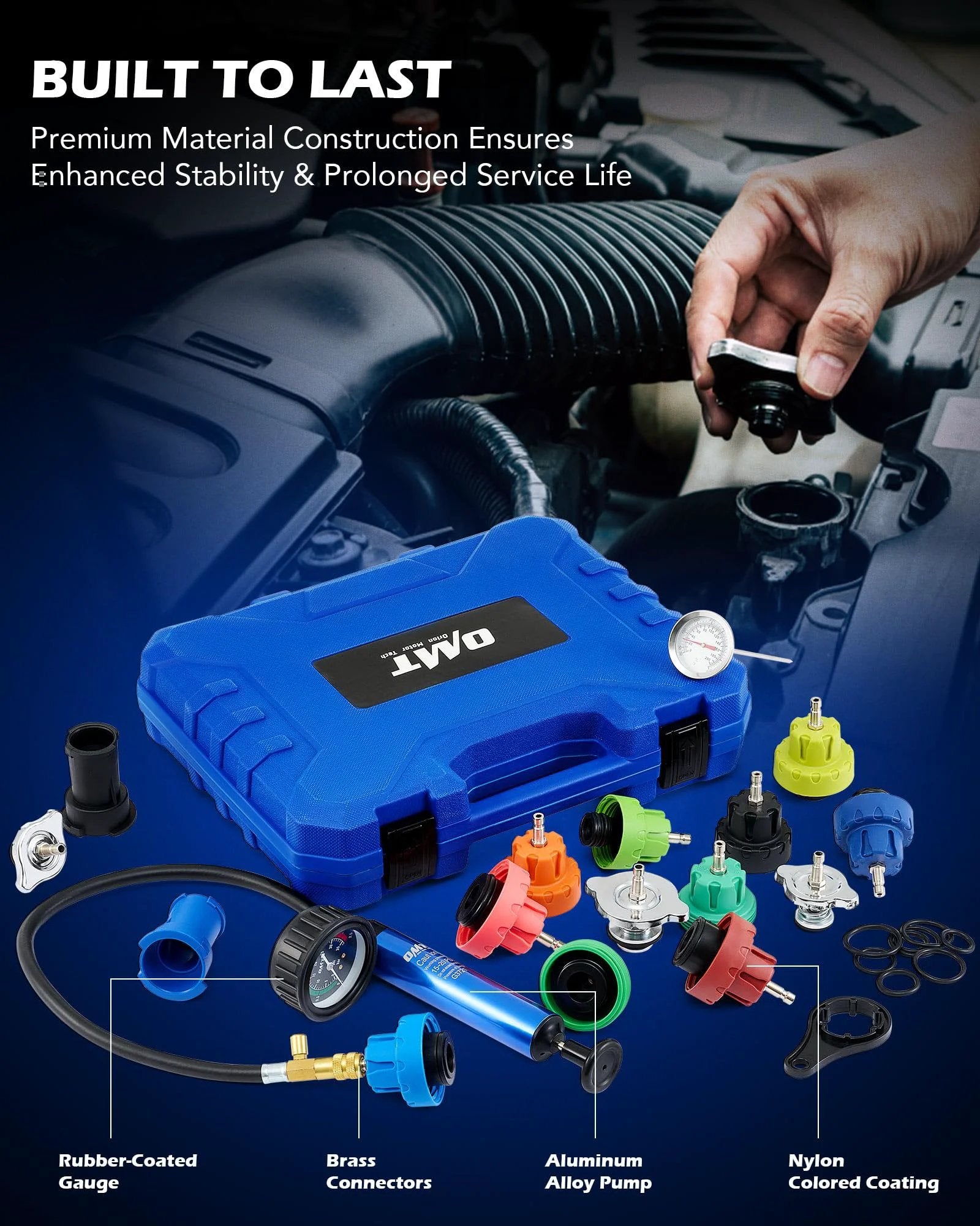 Coolant Pressure Tester Kit With 19 Piece Set Radiator Pressure Tester Includes 15 Adapters Vacuum Pump Probe Thermometer Wrench And O Rings For Easy Leak Diagnosis In Vehicle Cooling System arranged in a case.