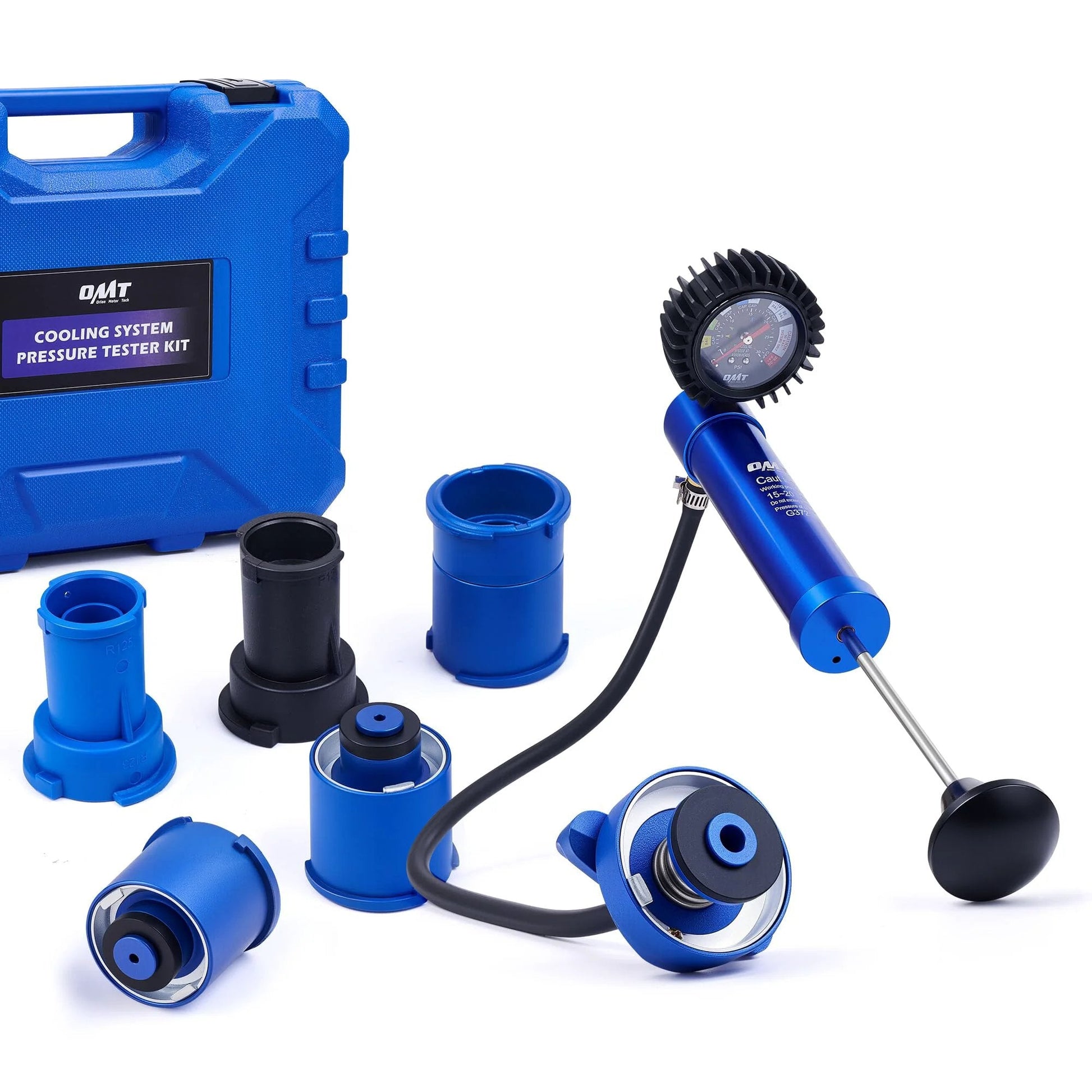 Pro Grade Leak Detection Ready Coolant Pressure Tester Kit For Cars And Trucks With 7 Piece Radiator Pressure Tester Set in blue case