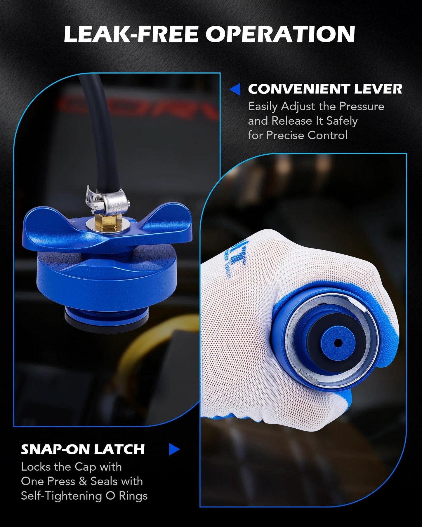 Close-up view of Pro Grade Leak Detection Ready Coolant Pressure Tester Kit with blue cap, lever, and self-tightening O rings.