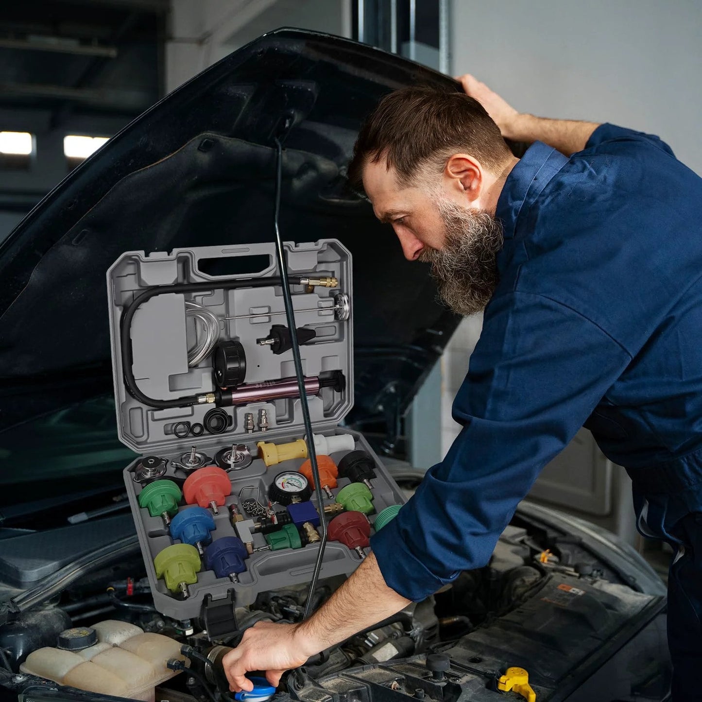 Pro Grade 25 Piece Coolant Pressure Tester And Vacuum Refill Kit For Automotive Cooling Systems, displayed in use on a car engine.