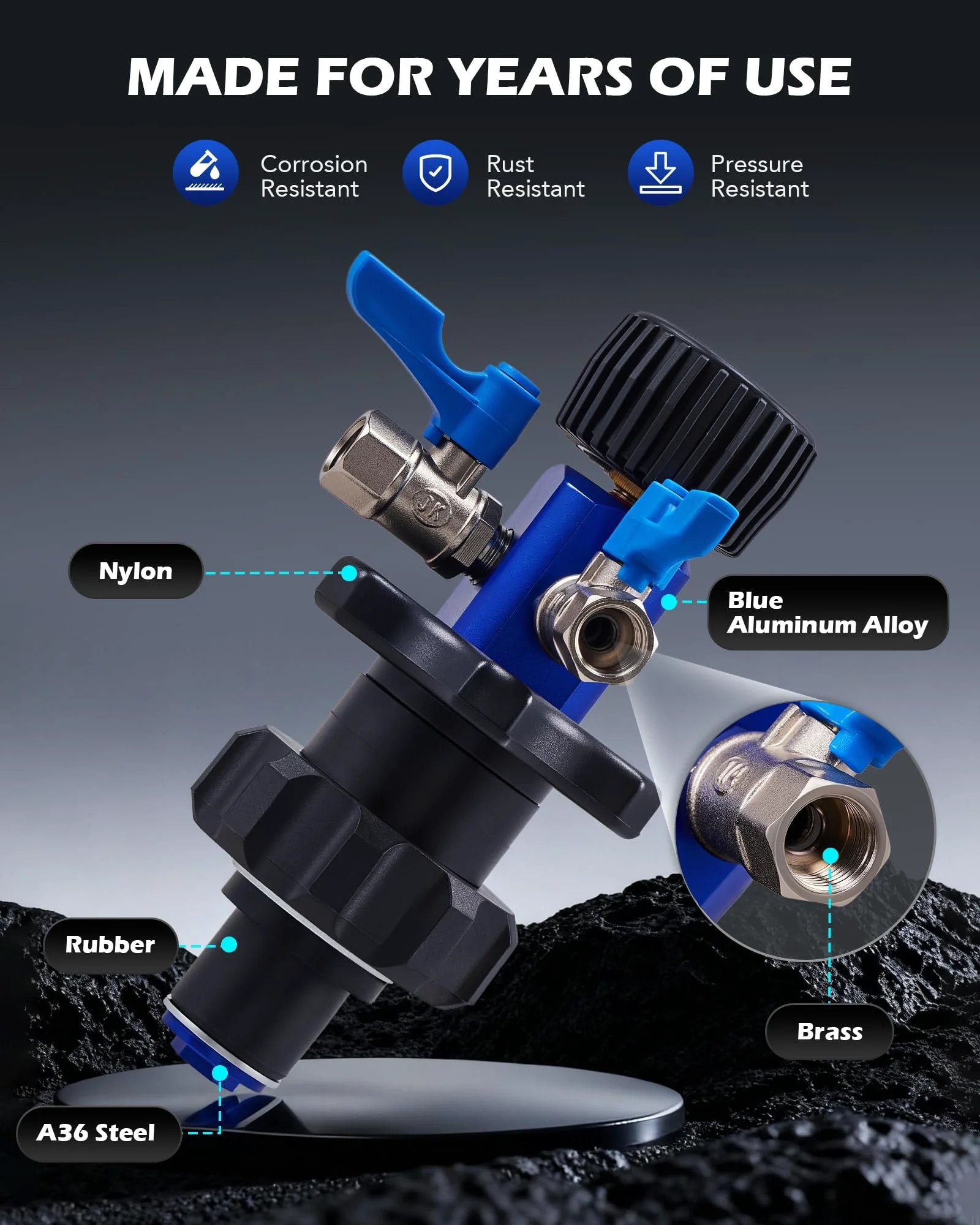 Close-up of Efficient Coolant Vacuum Refill Kit For Cars With Leak Detector, showcasing blue aluminum alloy, brass, and rubber components.