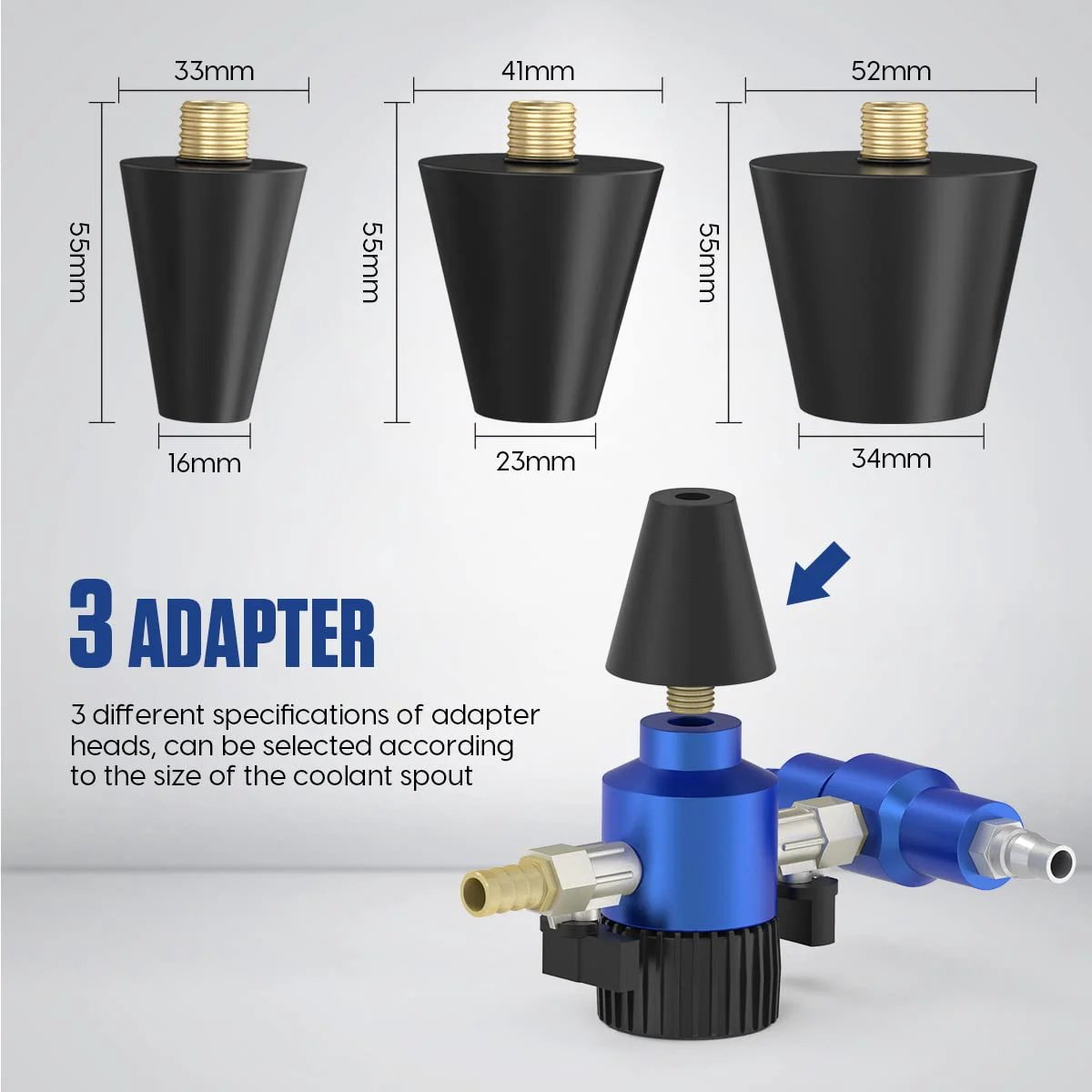 Coolant Refiller Kit With Vacuum Tool And Pressure Gauge For Cars, Radiator Refill System Tester, Leak Detection, Quick Coolant Change, Includes Three Size Adapters And Durable Hoses By MR CARTOOL showing three adapter sizes.