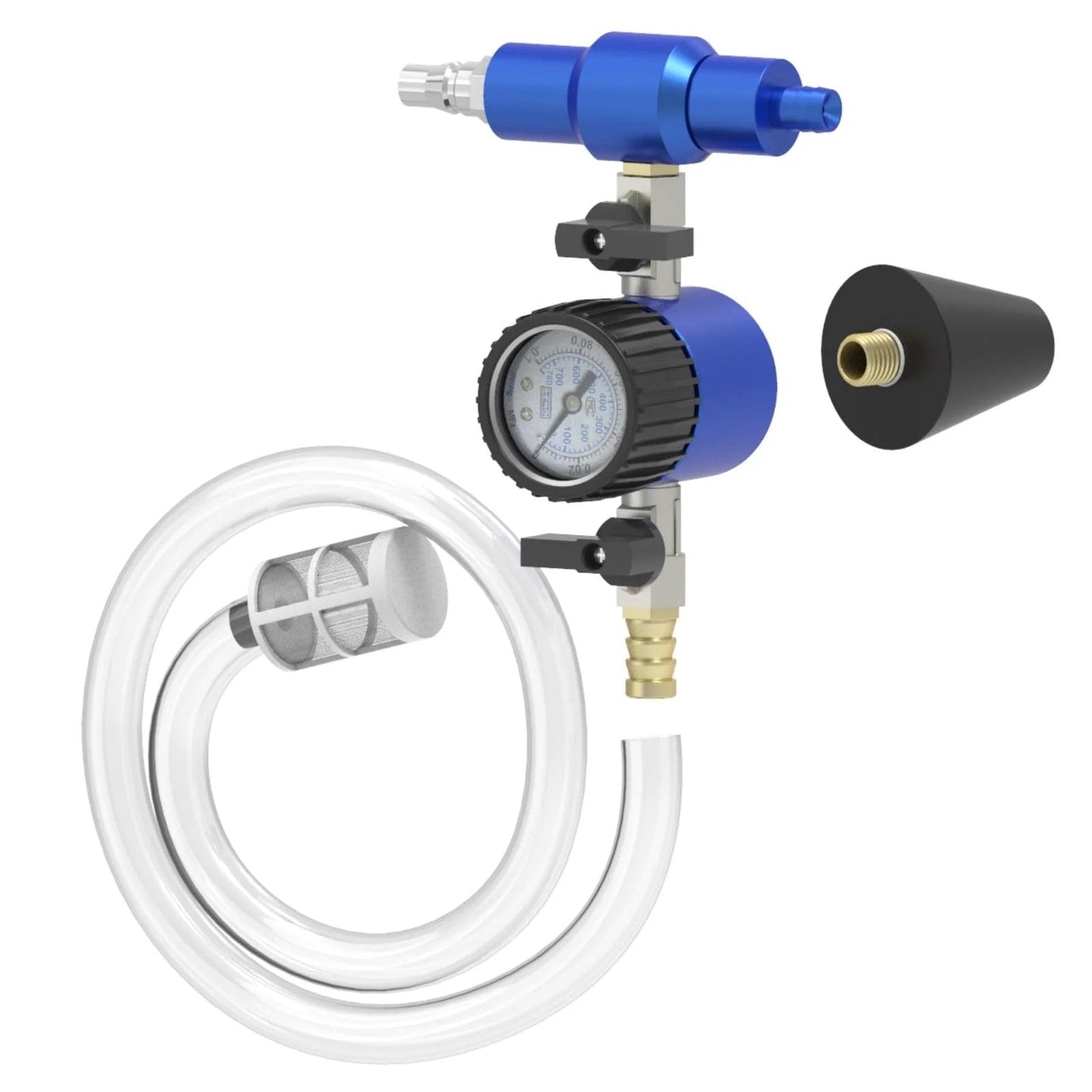 Coolant Refiller Kit With Vacuum Tool And Pressure Gauge For Cars, Radiator Refill System Tester, showing pressure gauge and hoses.