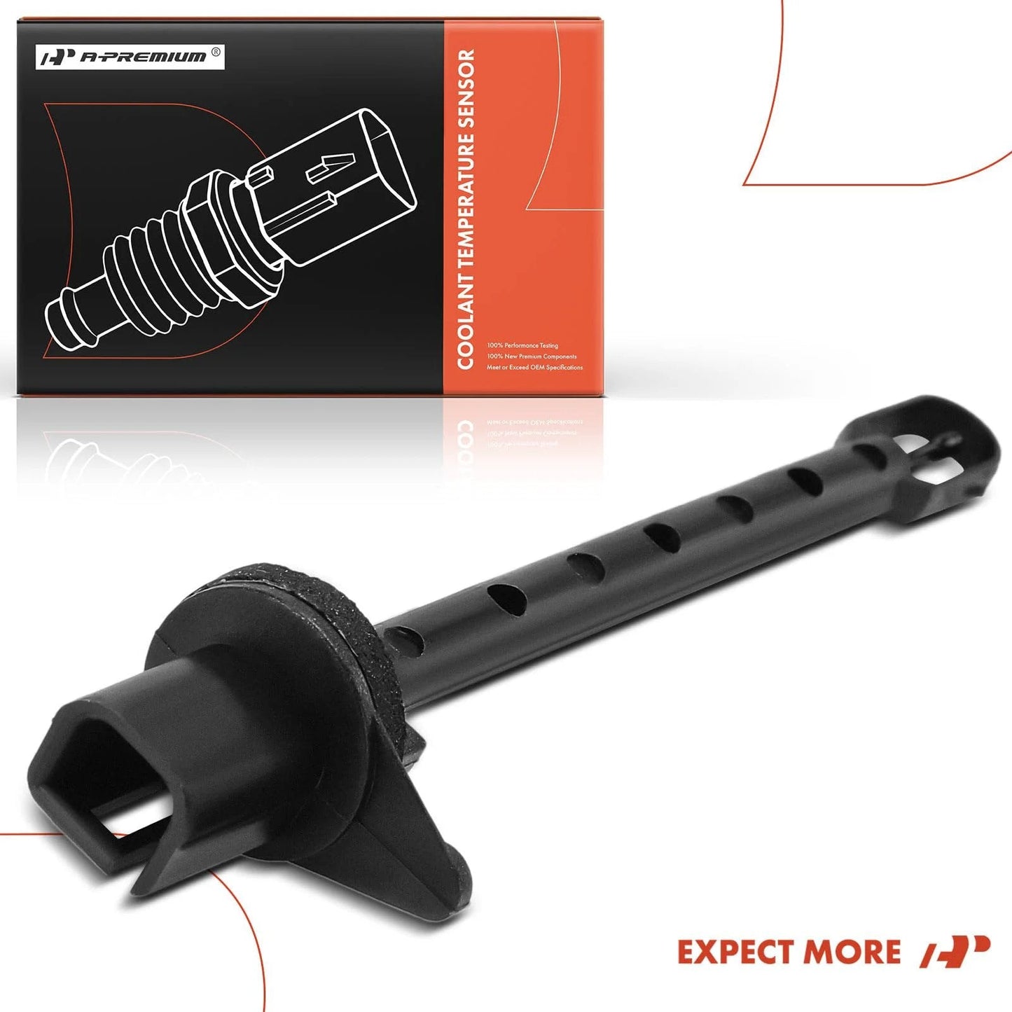 Premium 2 Pin A C Evaporator Temperature Sensor For Ford Fusion 2006-2012 Lincoln MKZ 2007-2012 Mercury Milan 2006-2011 12V Male Blade 2-Terminal Sensor AX163 YH1662 1713043 Compatibility By A-Premium close-up view of the sensor with packaging.
