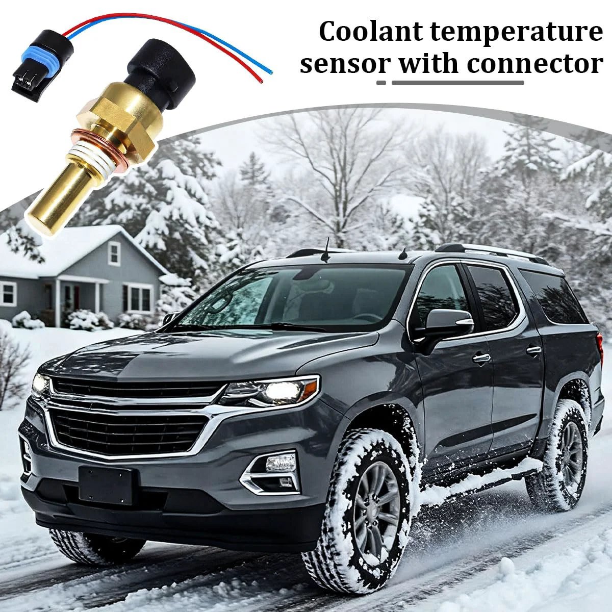 Engine Coolant Temperature Sensor With Connector Pigtail Harness For Cars, OEM 19236568 Replacement, Sandfren Quality, Fits Chevrolet Avalanche Cobalt Aveo, Yellow Black Color, Built Tough Aluminum And Steel For Accurate Temperature Readings, shown on Chevy SUV in winter setting.