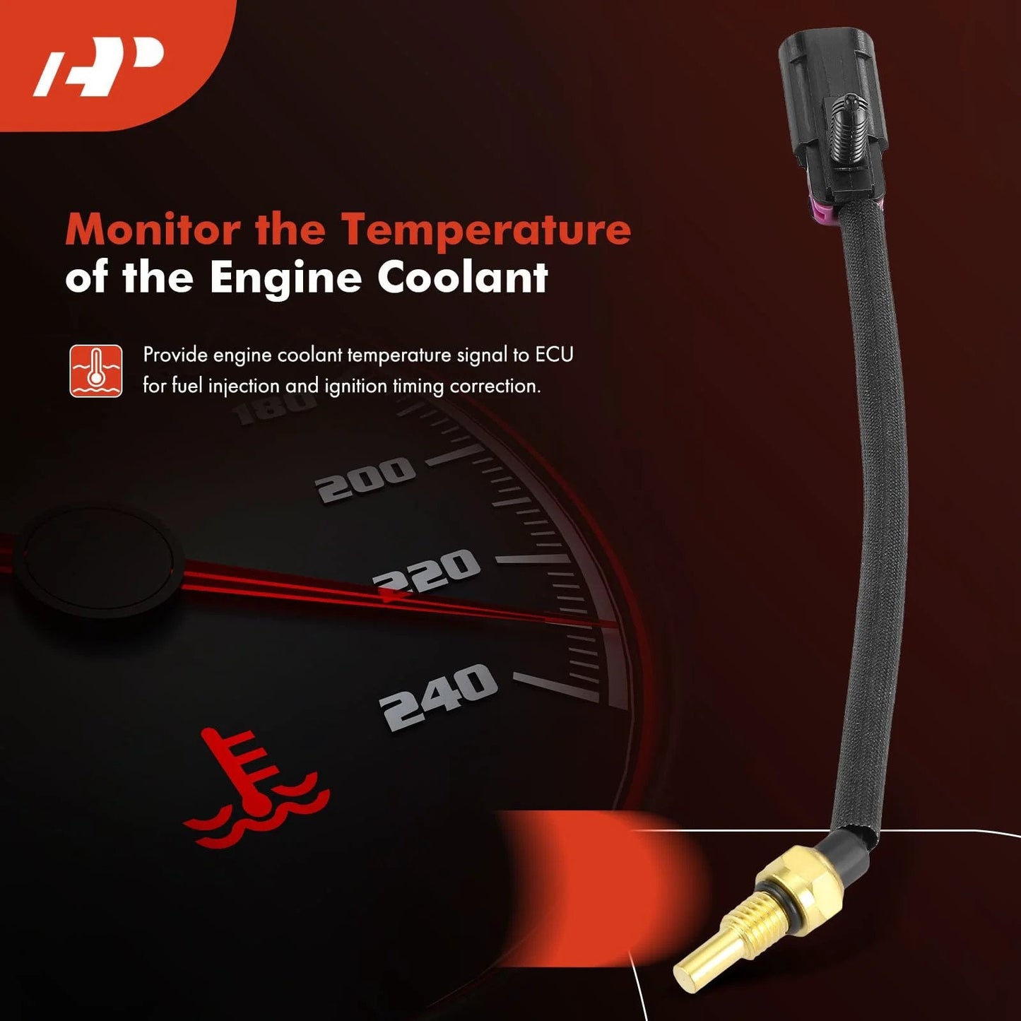 Premium Replacement Coolant Temperature Sensor For Buick Rainier Chevrolet Colorado Trailblazer GMC Canyon Envoy Hummer H3 Isuzu Ascender I-280 Saab 9-7X, side view with connector and metal fitting.