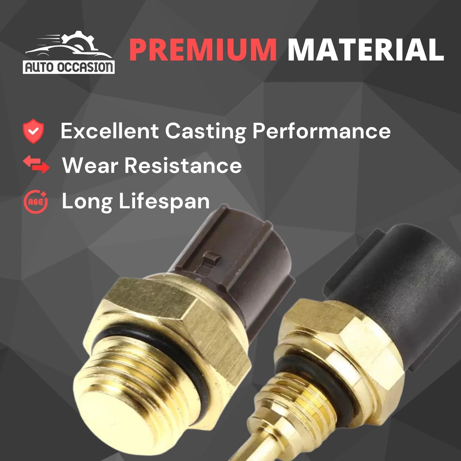 Close-up of Coolant Temperature Sensor And Cooling Fan Switch Set For Honda Civic Accord Del Sol CRV And Acura Odyssey 2 Pack With Part Numbers 37870-PJ7-003 And 37760-P00-003.