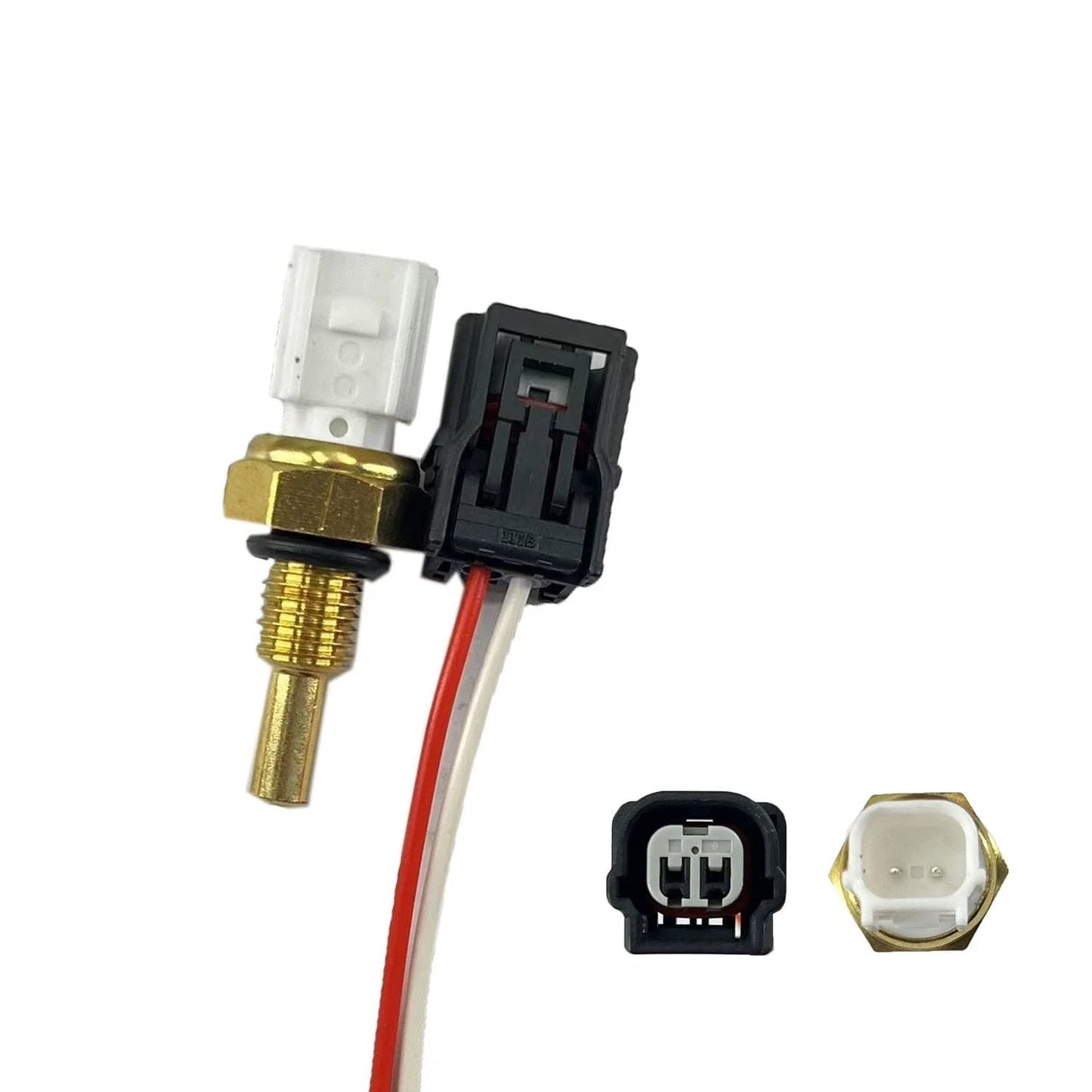 Coolant Temperature Sensor With Connector Pigtail Harness For Honda Cars And SUVs For Honda Fans Compatible With Accord Civic Crosstour Fit Odyssey Pilot Ridgeline And More 37870 Series Replacement Sensor close-up view showing sensor and connectors.