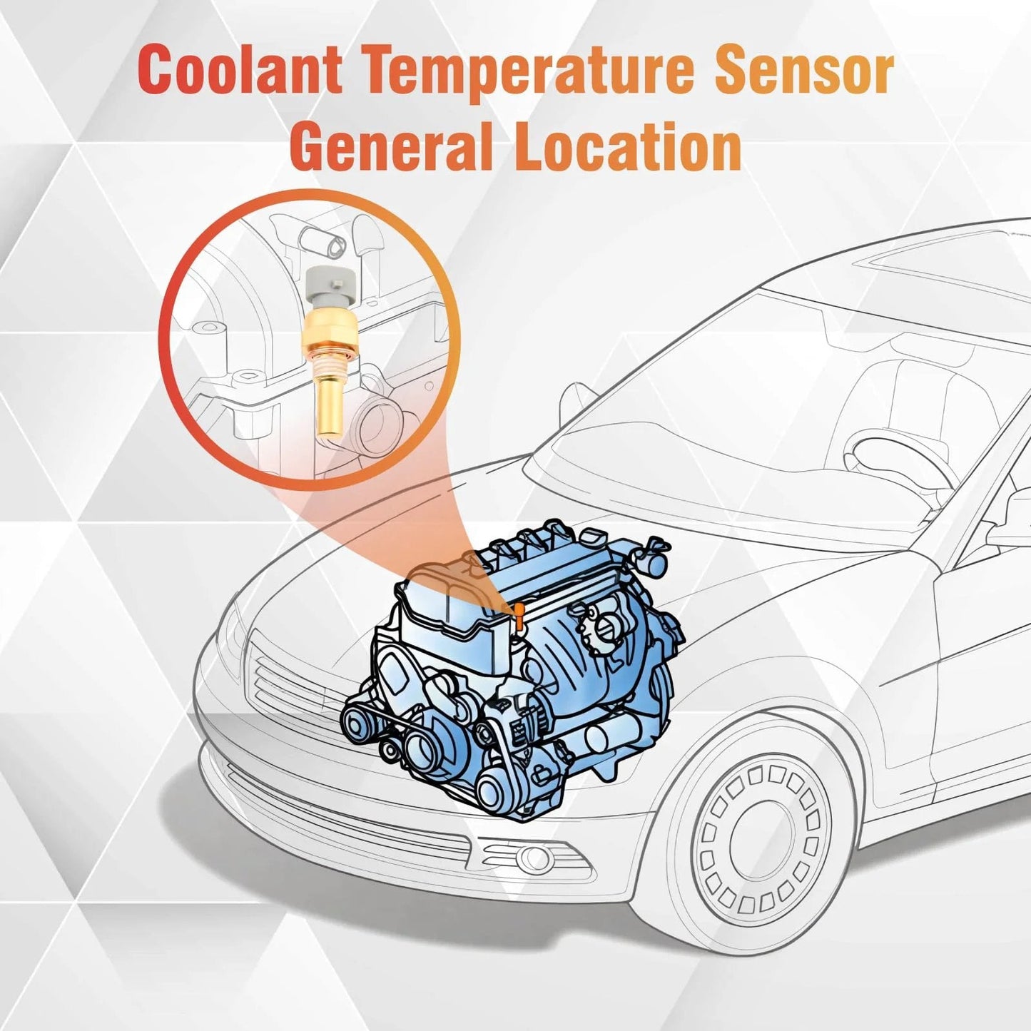 Diagram showing general location of Premium Coolant Temperature Sensor Replacement 55488246 for GM vehicles under the hood.