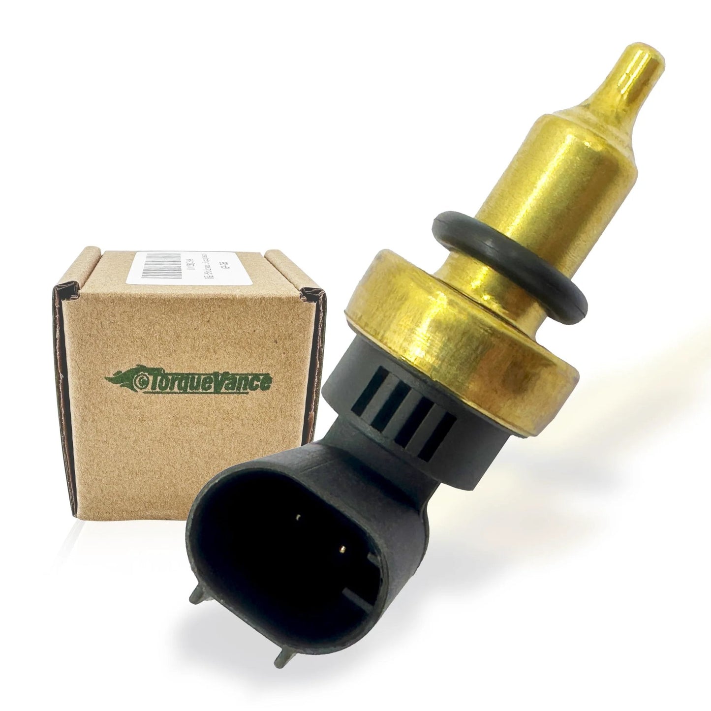 Premium Replacement Coolant Temperature Sensor For Mercedes Benz A Class B Class C Class E Class CLA CLK CLS And More From TorqueVance, shown with packaging.