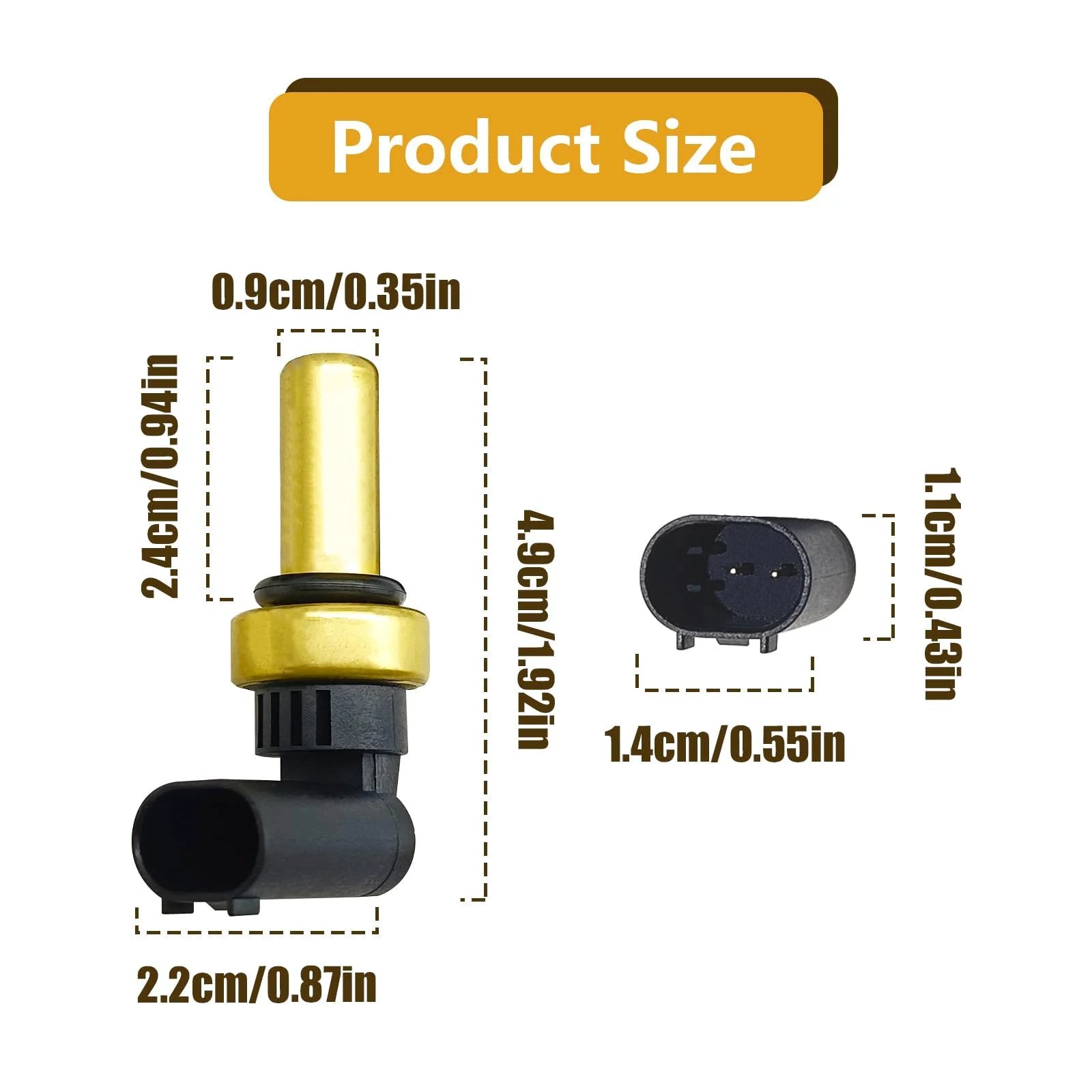 Direct Fit Coolant Temperature Sensor 55591401 for Chevy Sonic 1.4L and 1.8L engines, showing measurements and design details.