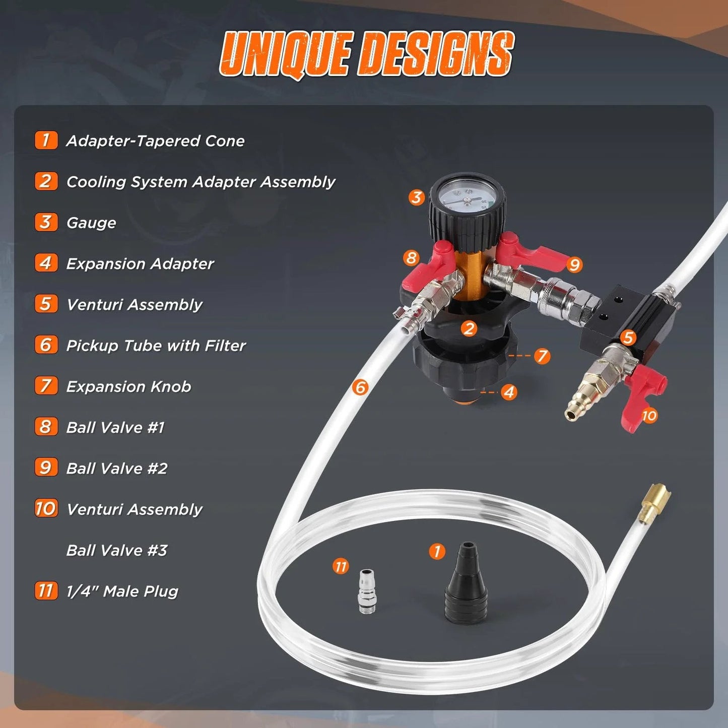 All-in-One Coolant Vacuum Refill Kit With Five Adapters And Pressure Gauge components, including gauges and hoses, for leak testing.