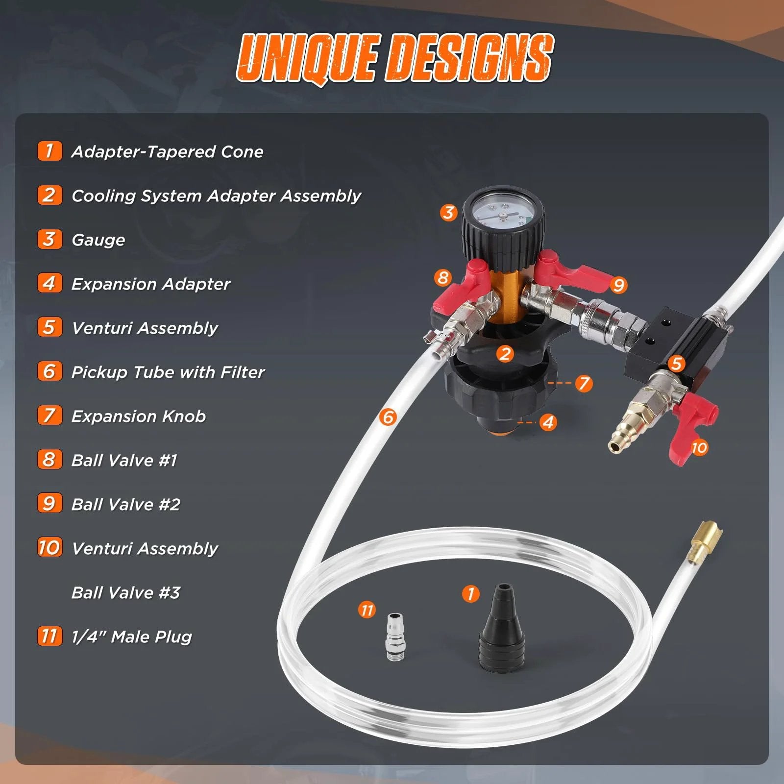 All-in-One Coolant Vacuum Refill Kit With Five Adapters And Pressure Gauge components, including gauges and hoses, for leak testing.