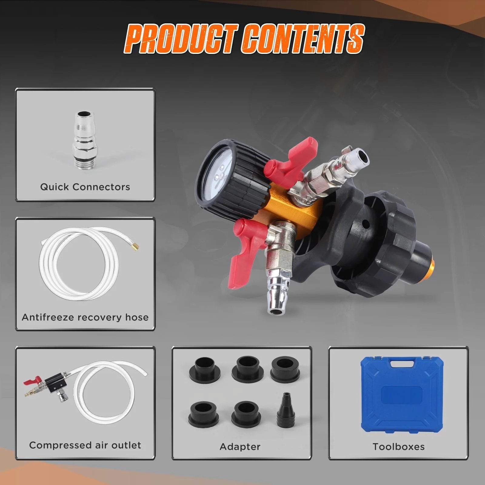 All-in-One Coolant Vacuum Refill Kit With Five Adapters And Pressure Gauge showing quick connectors, hoses, and adapters.