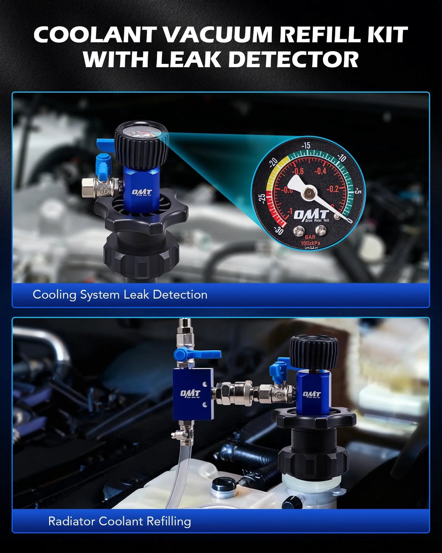Efficient Coolant Vacuum Refill Kit For Cars With Leak Detector And Dual Movement Gauge Radiator Fill Tool with cooling system leak detection and radiator refilling.