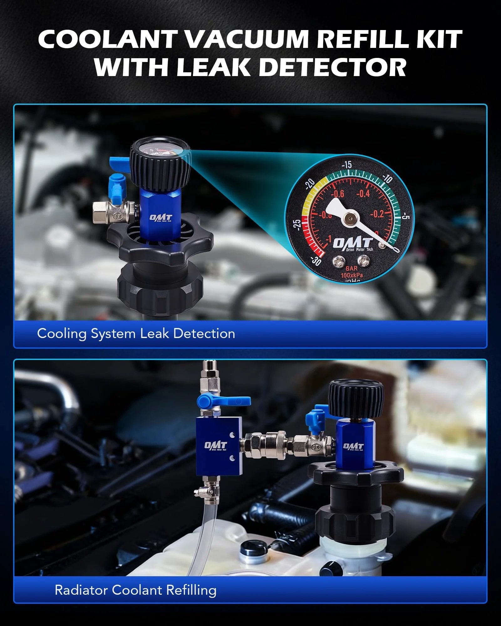 Efficient Coolant Vacuum Refill Kit For Cars With Leak Detector And Dual Movement Gauge Radiator Fill Tool with cooling system leak detection and radiator refilling.