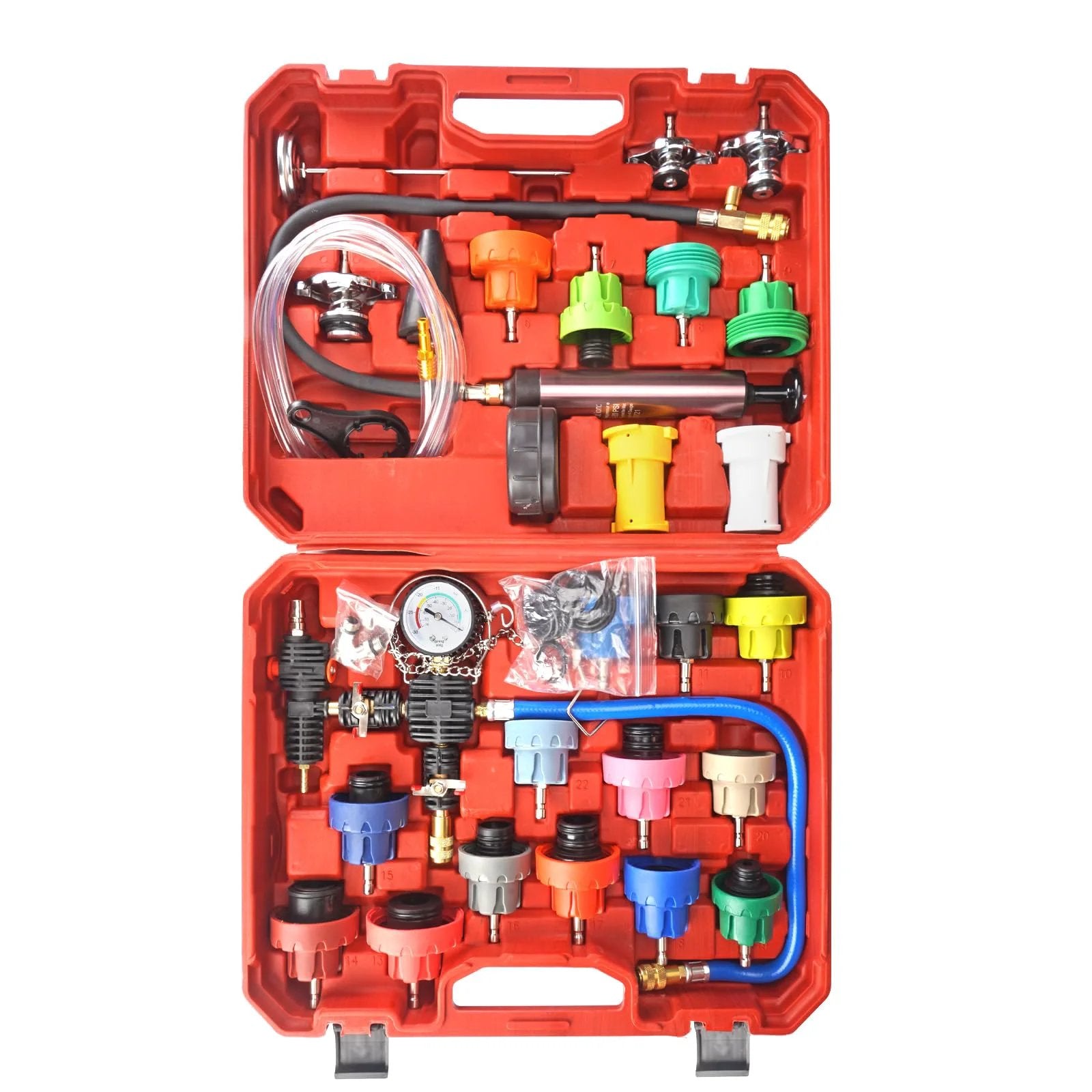 All In One Coolant Vacuum Refill Kit With 23 Radiator Adapters And Pressure Tester For Quick Radiator Service And Maintenance Includes Durable Aluminum Manual Vacuum Pump 21 Inch Hose And Three Inch Dial Gauge For Radiator Cooling System Testing HZAUTOS in red plastic case with assorted tools and adapters.