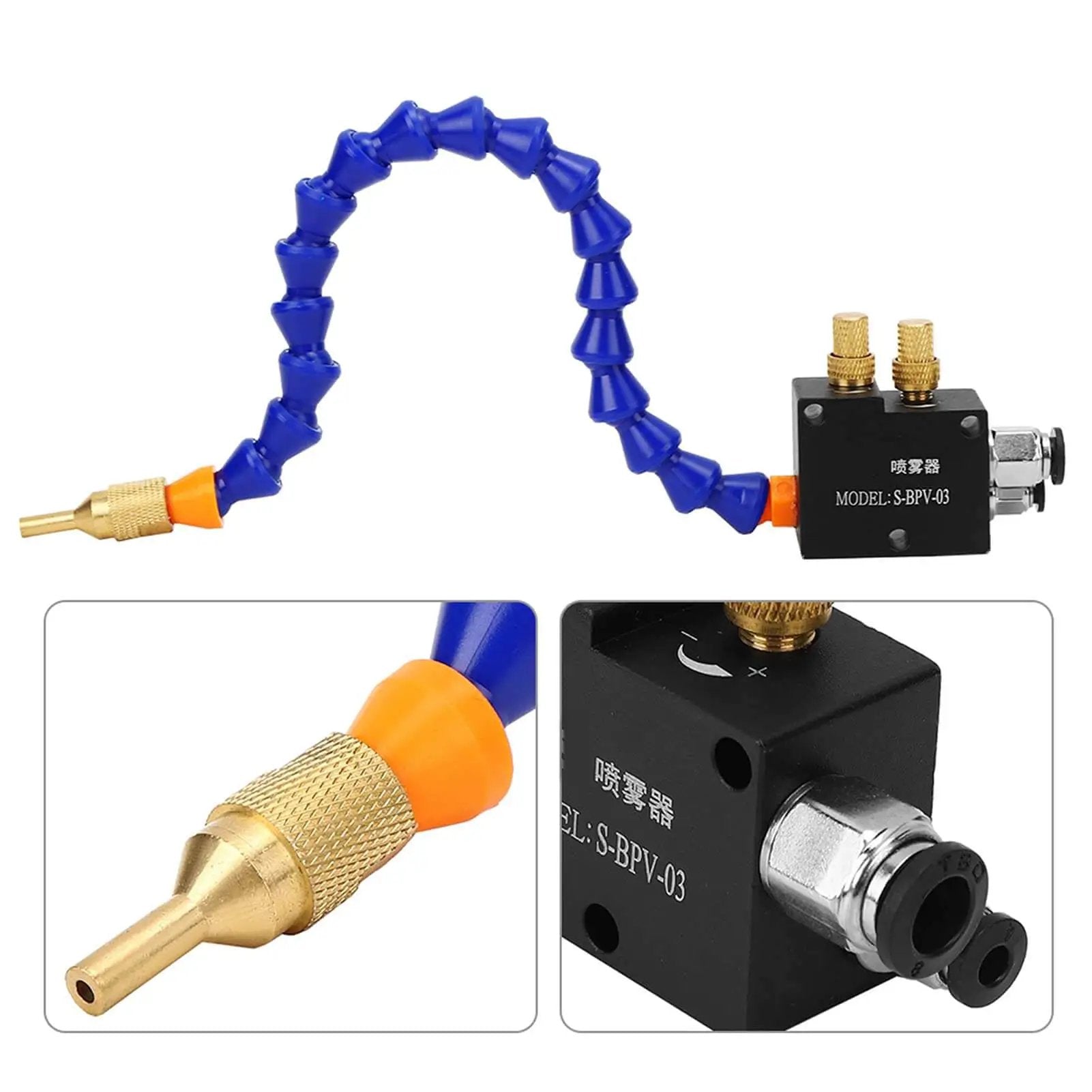 Cooling Mist Spray System For CNC Lathe And Milling Machines Water Coolant Sprayer Kit nozzle and control unit in close-up view