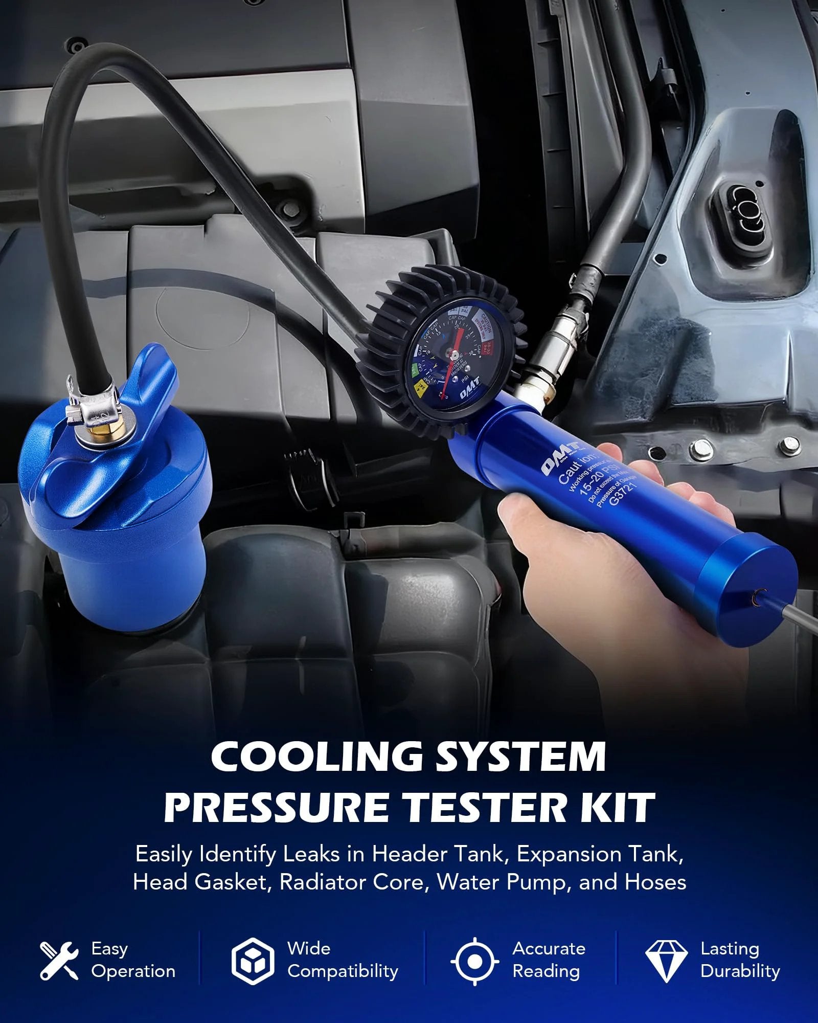 Pro Grade Leak Detection Ready Coolant Pressure Tester Kit For Cars And Trucks With 7 Piece Radiator Pressure Tester Set aluminum alloy pump and gauge in use.