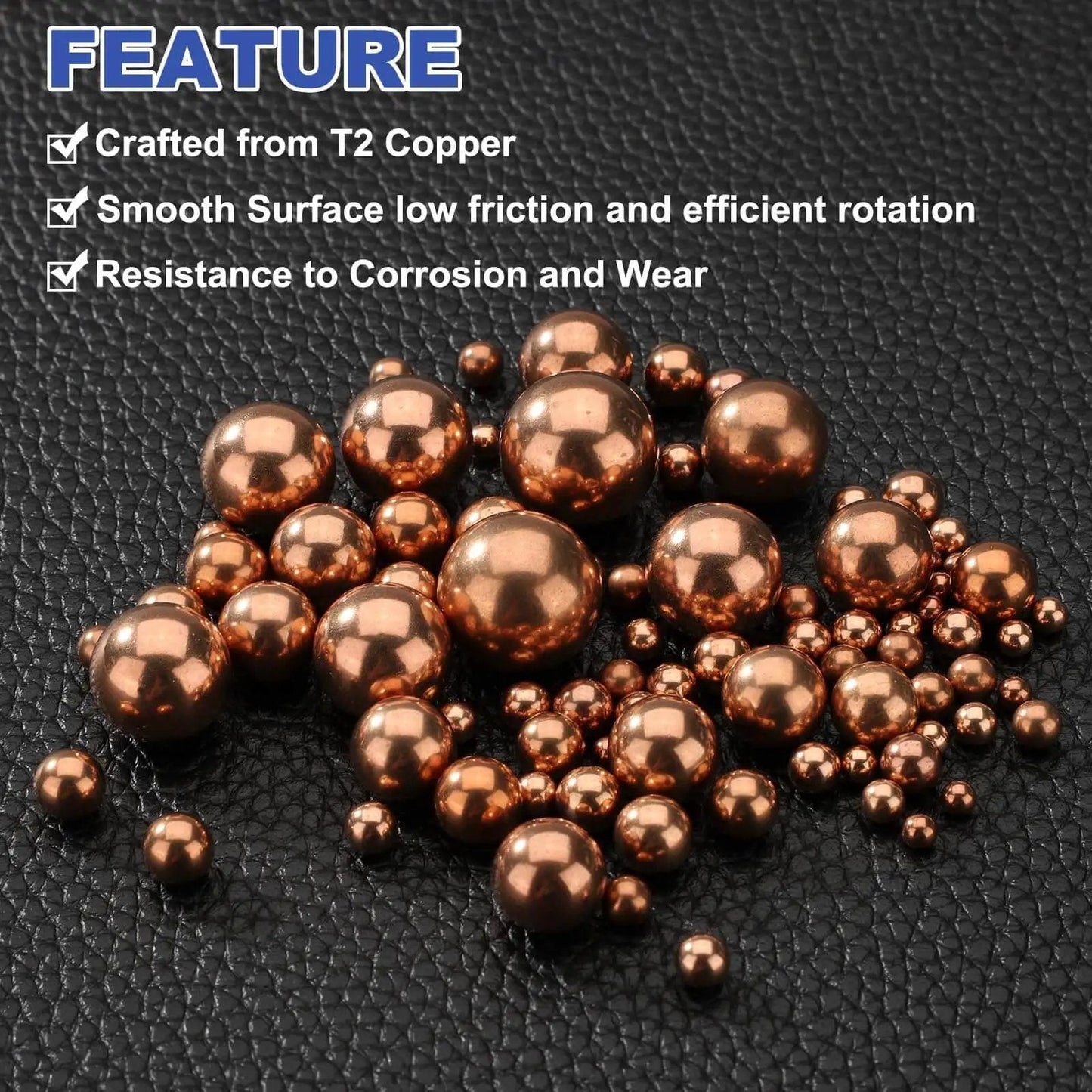 Solid Copper Bearing Balls 12mm Diameter Set Of 5 With G200 Precision For Machinery Automotive And DIY Projects Made From Corrosion Resistant T2 Copper By uxcell on textured surface