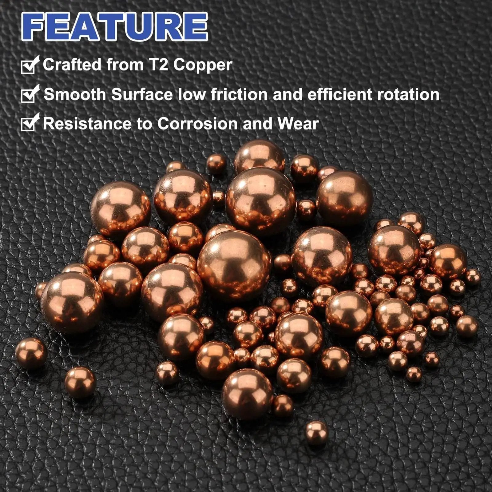 Solid Copper Bearing Balls 12mm Diameter Set Of 5 With G200 Precision For Machinery Automotive And DIY Projects Made From Corrosion Resistant T2 Copper By uxcell on textured surface