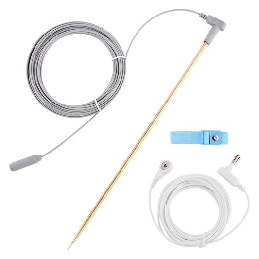 Copper Grounding Rod With 40ft Wire For Earthing, kit with 12in copper rod, 39ft cord, wristband, and additional wire, ideal for grounding mats.