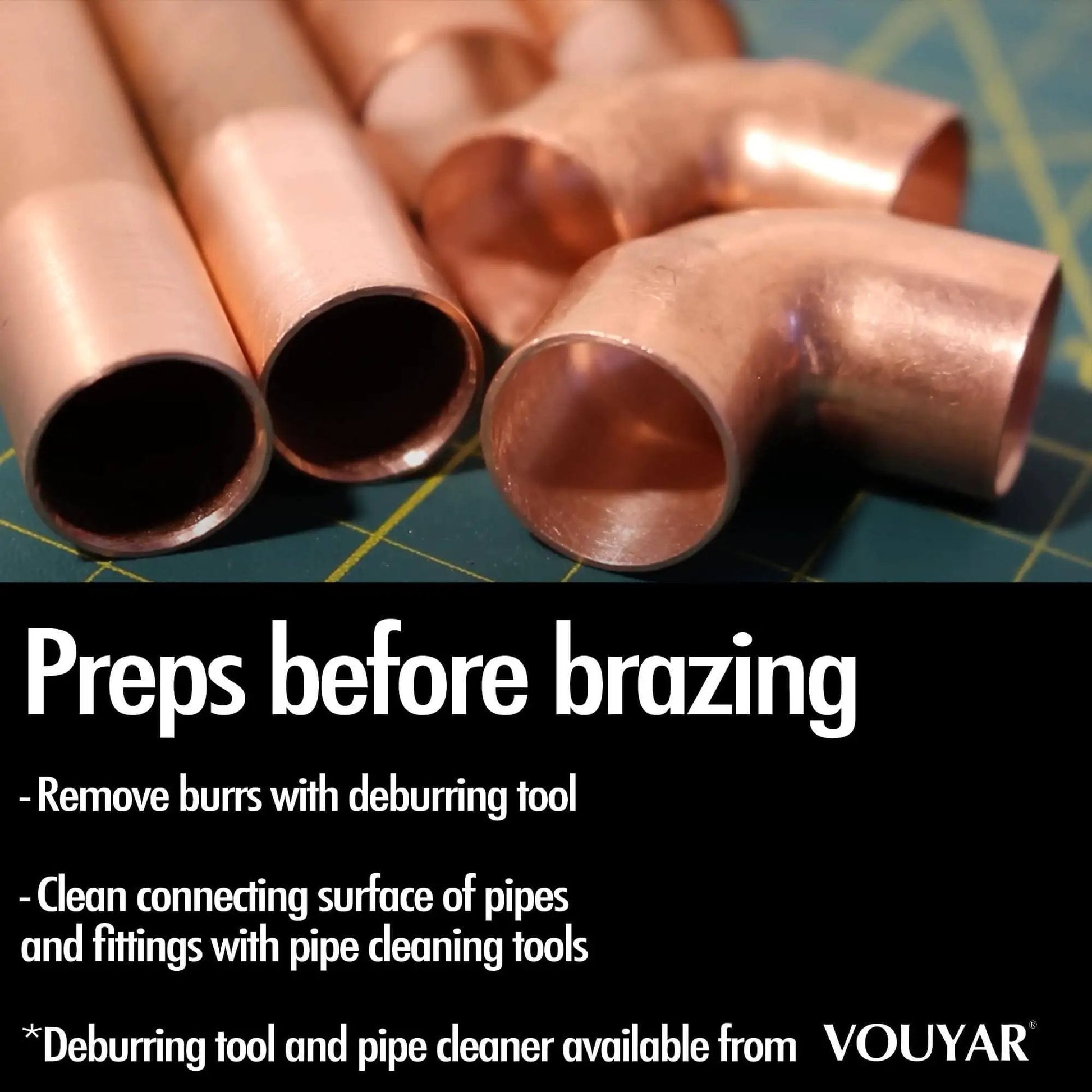 Close-up of copper pipe fittings for prepping before brazing, including cleaning instructions.