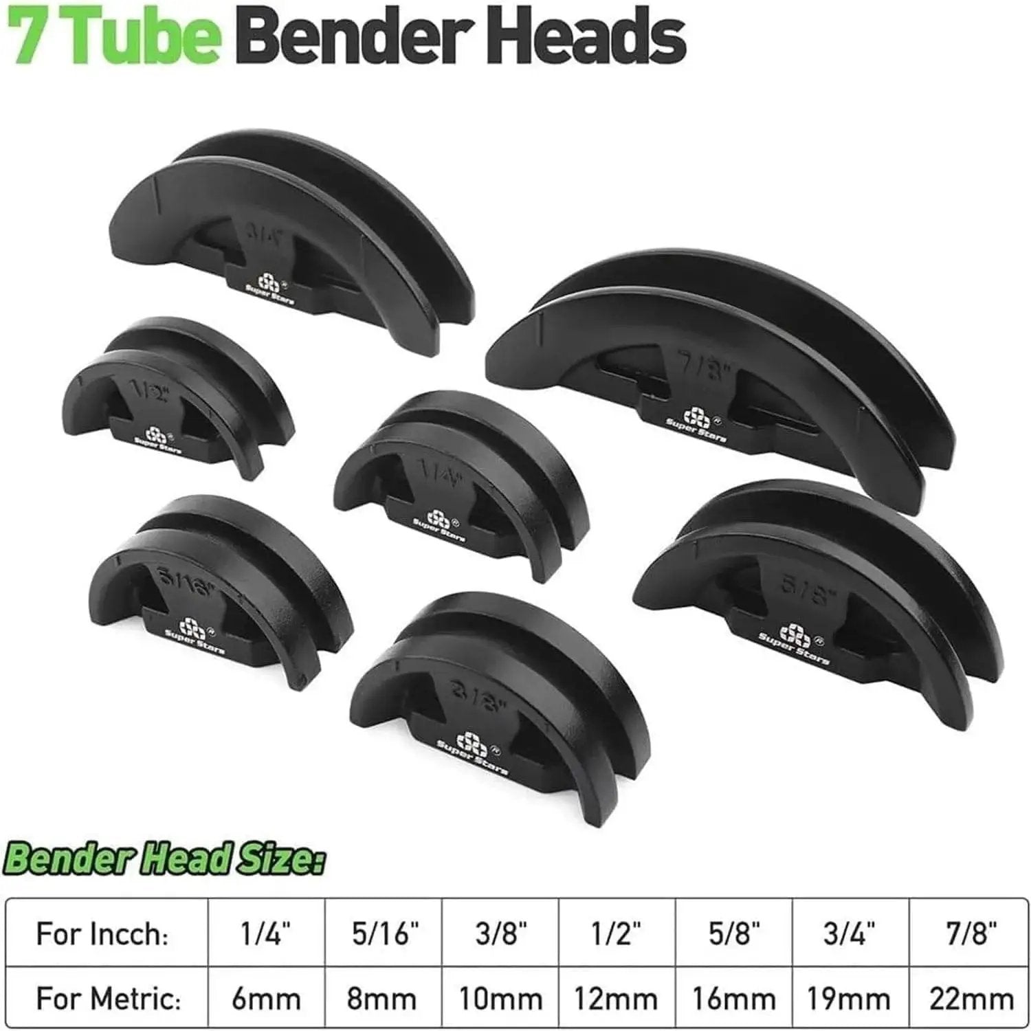 Seven dies for Hydraulic Tubing Bender Kit For Copper Pipes One Quarter To Seven Eighths Inch, labeled by size.