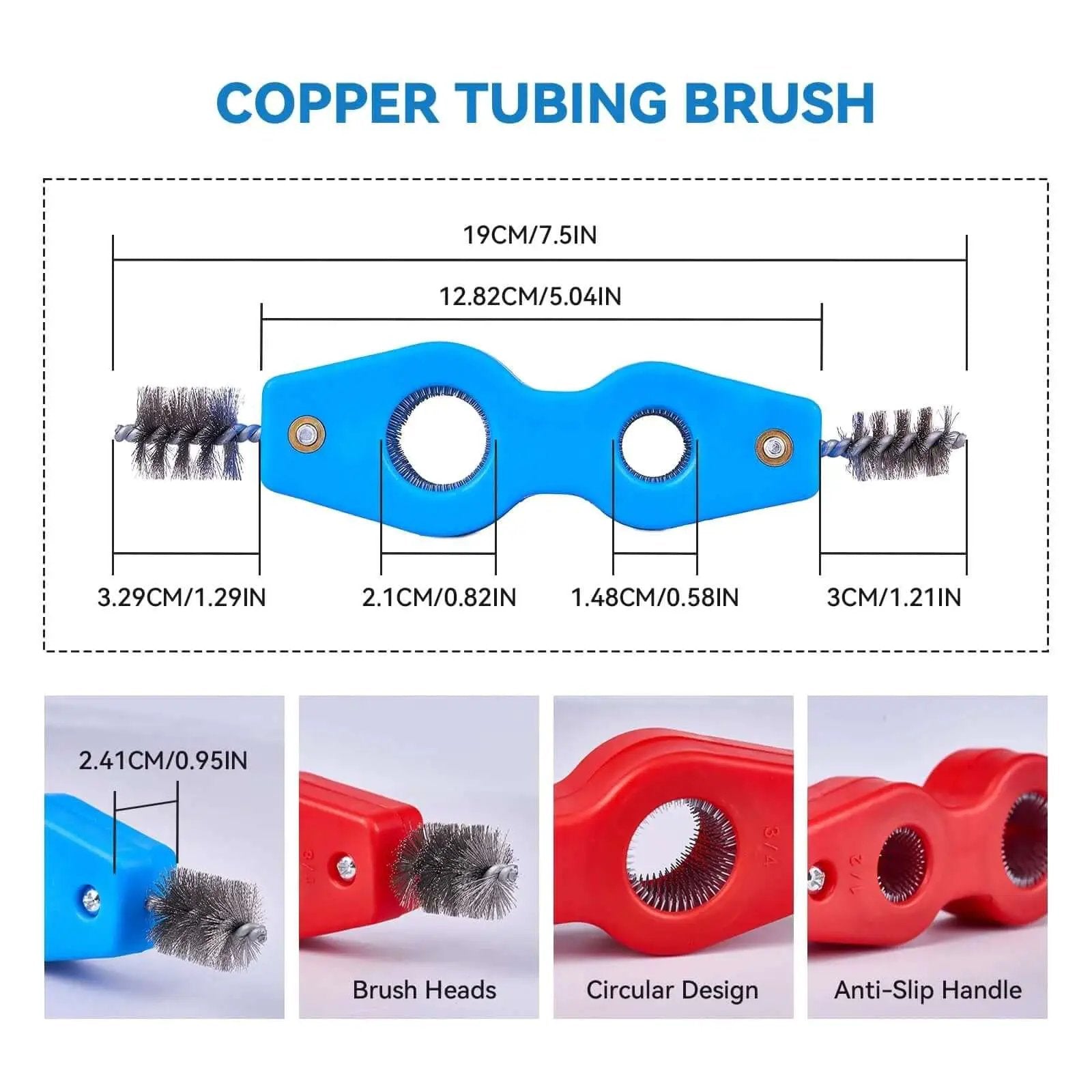 Copper tubing brush with dual circular brushes, anti-slip handle, and marked dimensions, part of All In One Copper Pipe Cutter Kit