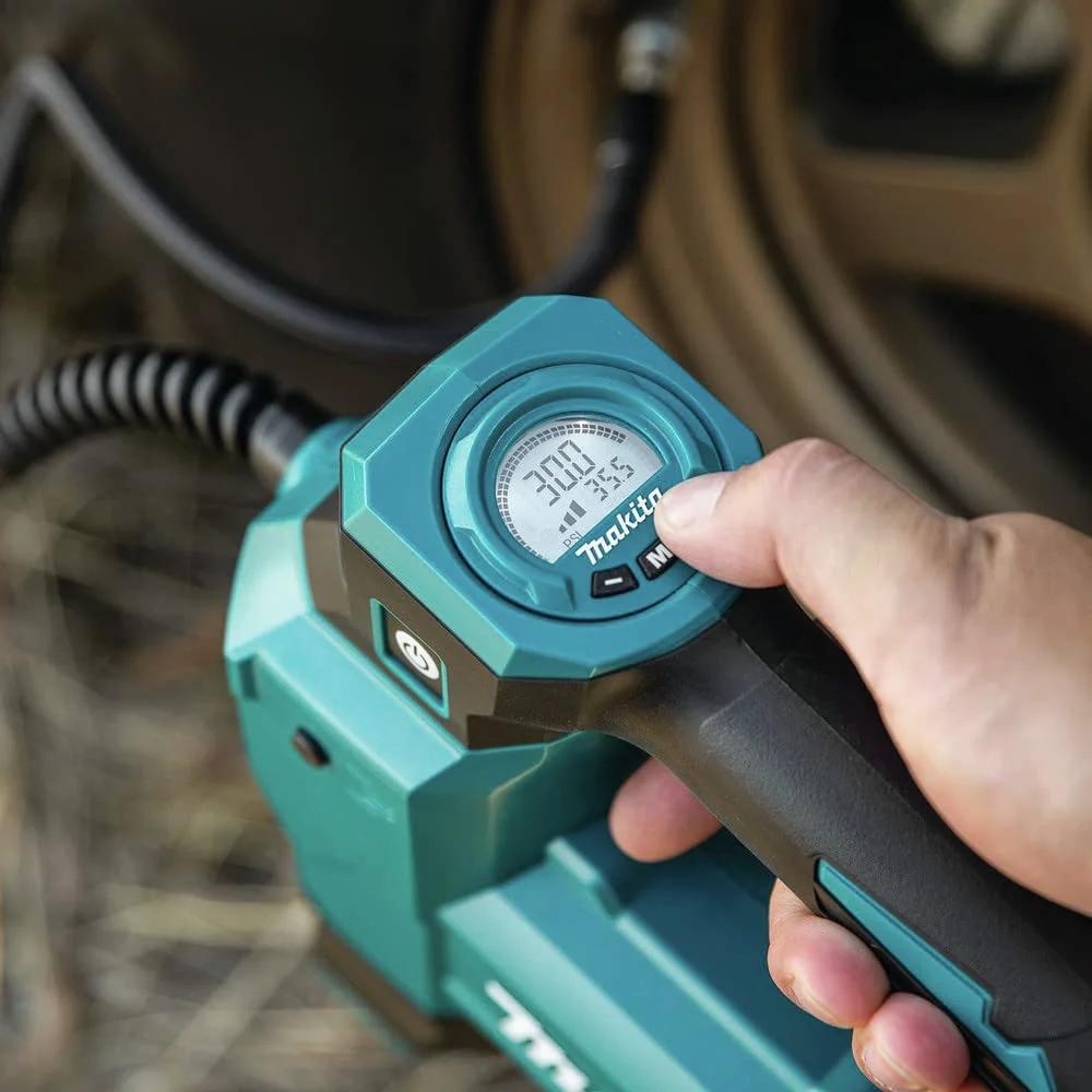 Close-up of Powerful 18V LXT Cordless High Pressure Inflator Tool Only With Auto Stop At 160 PSI displaying pressure gauge.