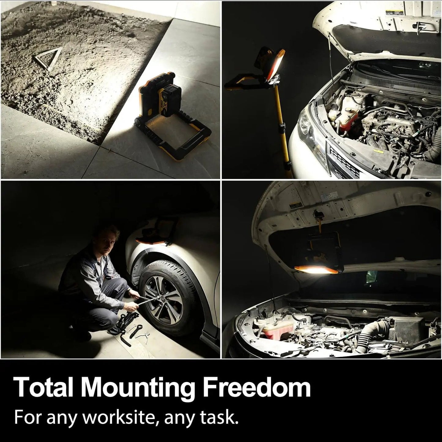 Powerful 4000 Lumen Cordless LED Work Flood Light in use on car engine, tire, and ground, portable for automotive use.