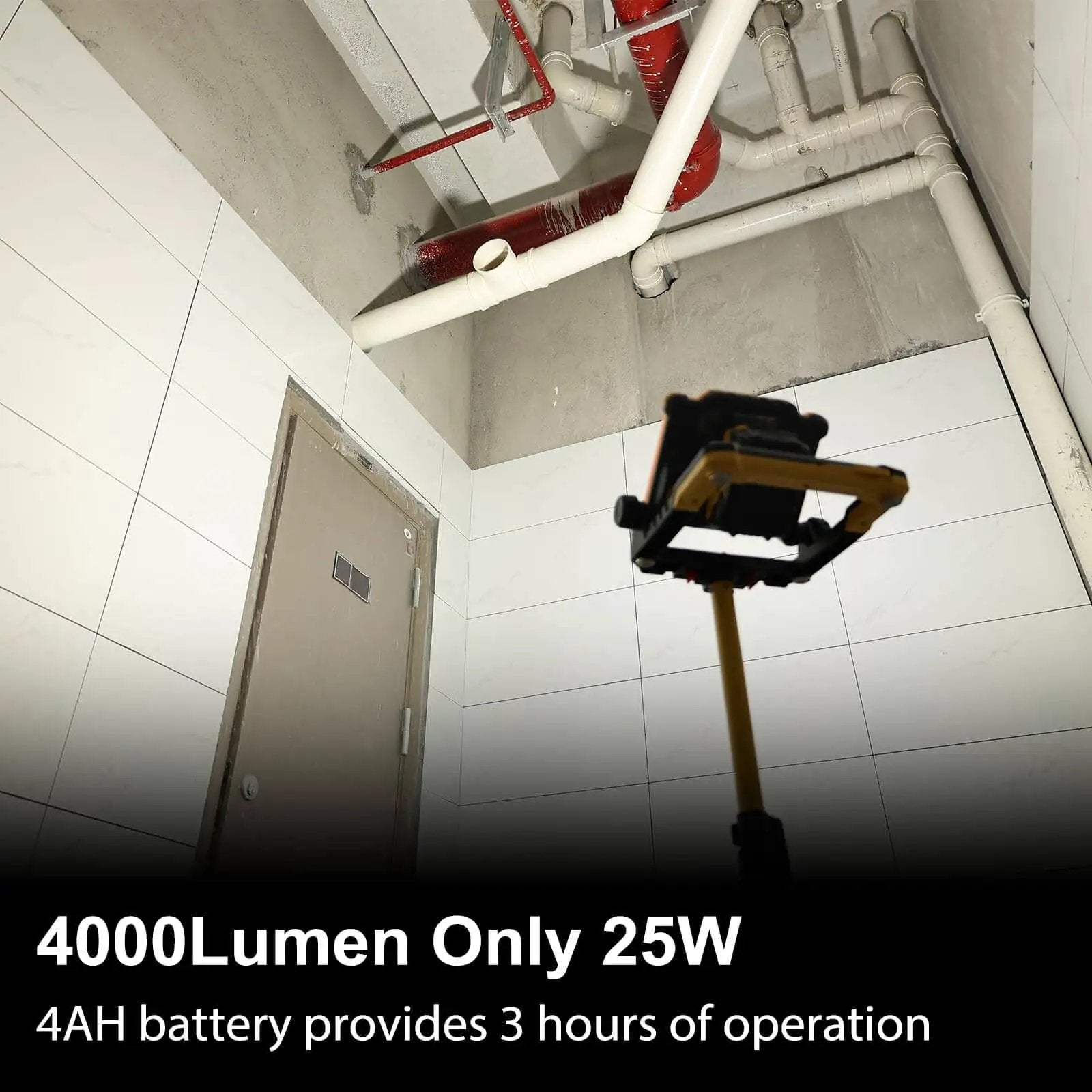 Powerful 4000 Lumen Cordless LED Work Flood Light in use for indoor construction, highlighting plumbing details.