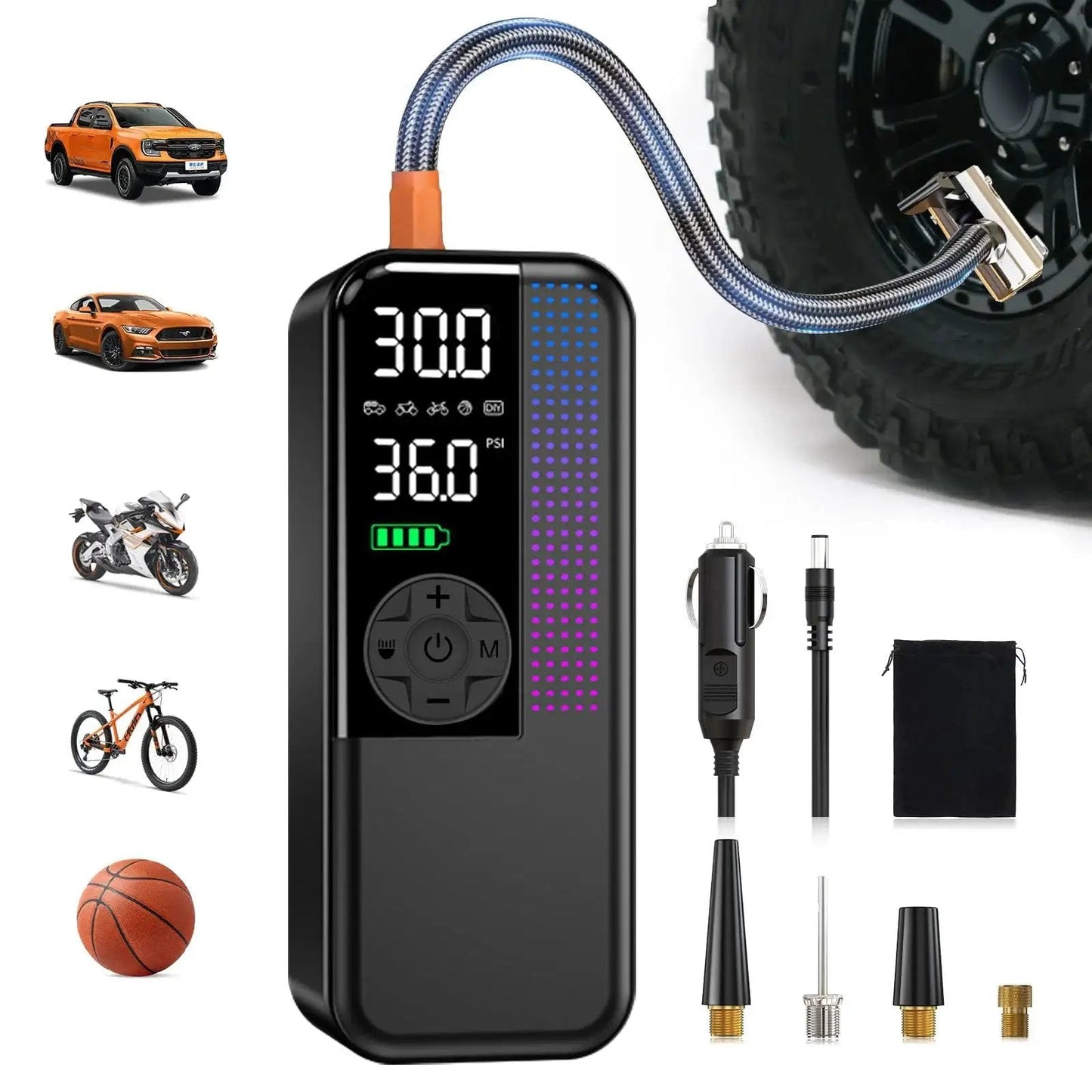 Portable Tire Inflator Air Compressor 150 PSI Cordless with Dual Power 6000mAh 12V Car Plug shown with accessories and uses.
