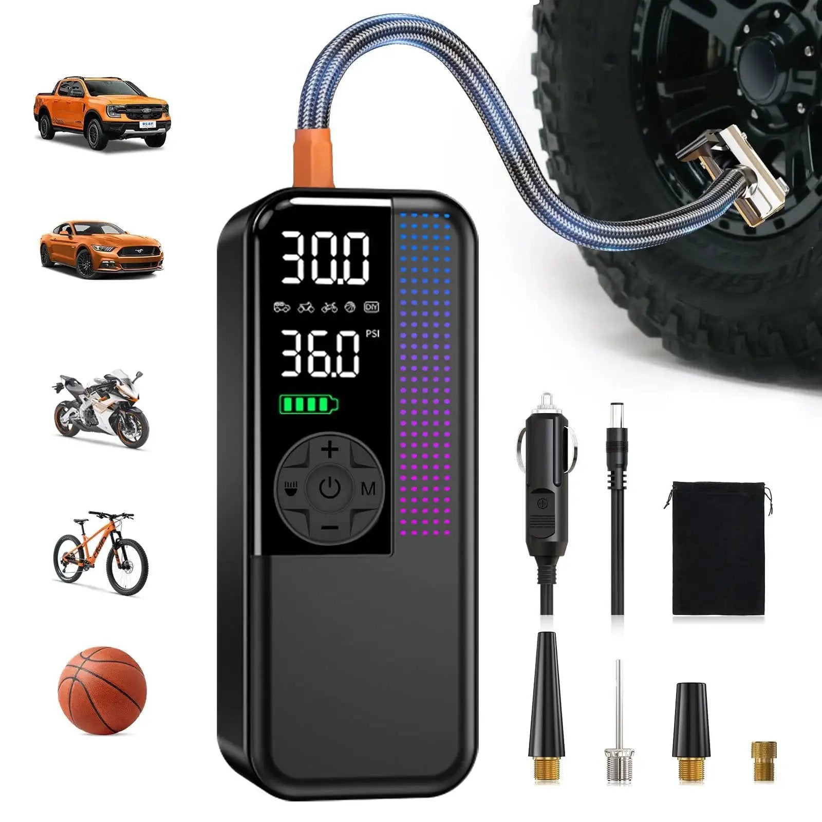 Portable Tire Inflator Air Compressor 150 PSI Cordless with Dual Power 6000mAh 12V Car Plug shown with accessories and uses.