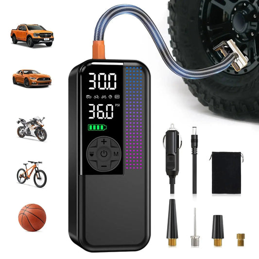Portable Tire Inflator Air Compressor 150 PSI Cordless with Dual Power 6000mAh 12V Car Plug shown with accessories and uses.