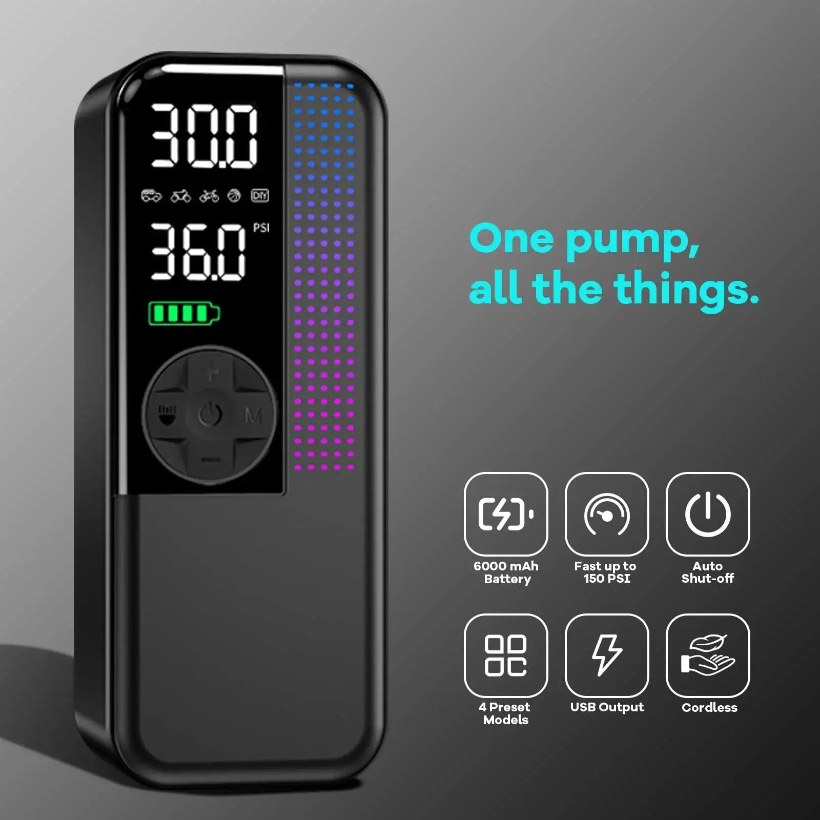 Portable Tire Inflator Air Compressor 150 PSI Cordless With Dual Power 6000mAh 12V Car Plug Fast Inflation LED display.