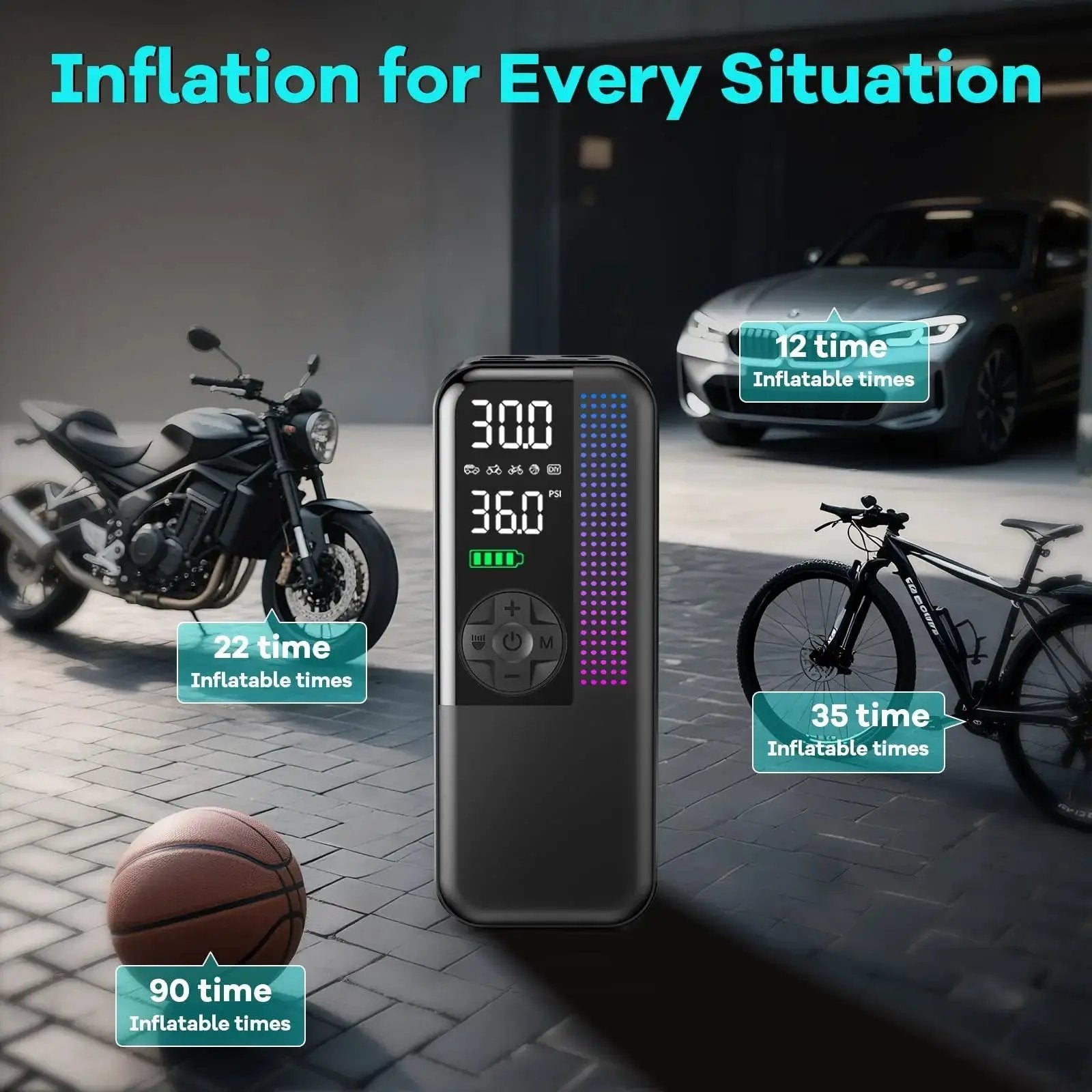 Portable Tire Inflator Air Compressor 150 PSI Cordless With Dual Power 6000mAh 12V Car Plug Fast Inflation display