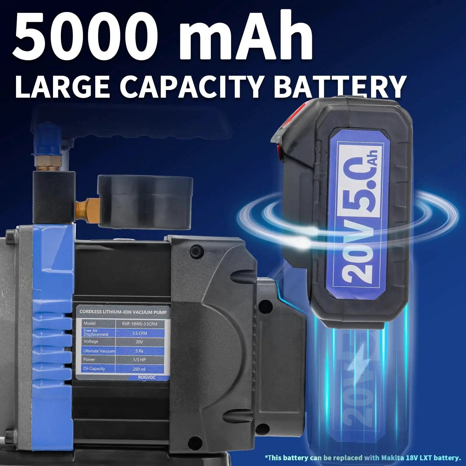 Cordless Vacuum Pump With Beastly Brushless Motor For HVAC And Auto Servicing Rogvoc 3.5 CFM with 20V 5.0Ah battery
