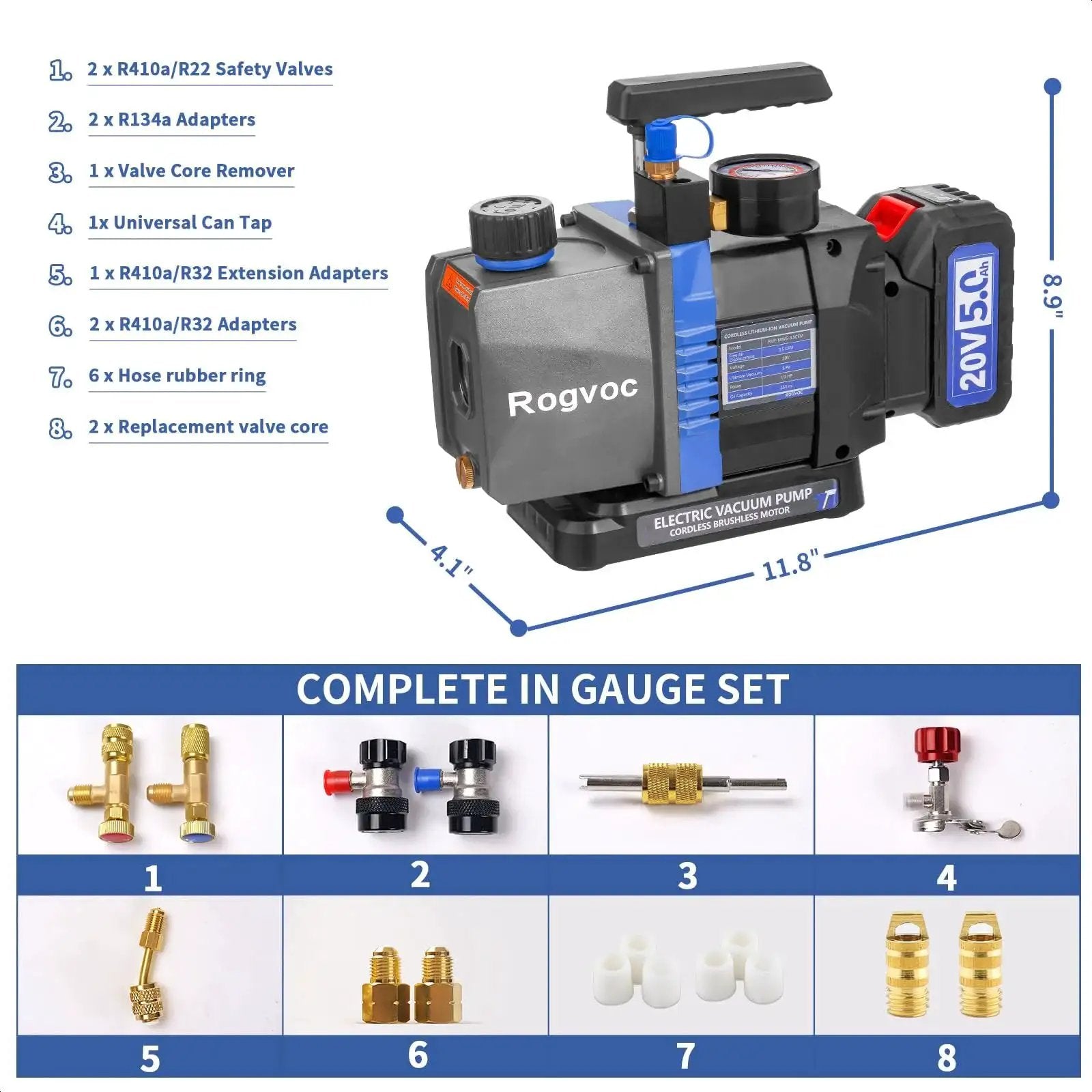 Cordless Vacuum Pump With Beastly Brushless Motor For HVAC And Auto Servicing Rogvoc 3.5 CFM One Quarter Horsepower shown with accessories.