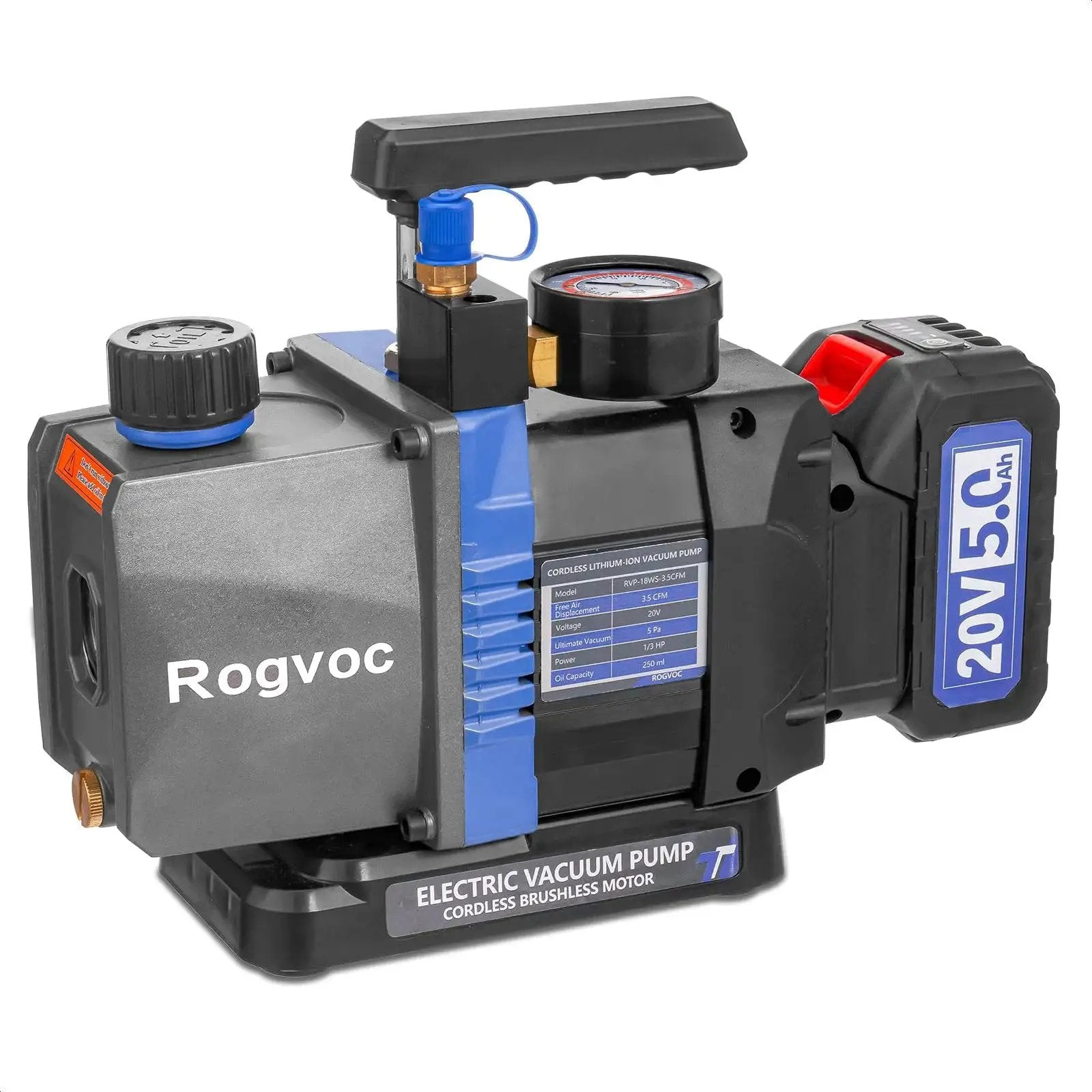 Cordless Vacuum Pump With Beastly Brushless Motor For HVAC And Auto Servicing Rogvoc 3.5 CFM with 20V battery, side view