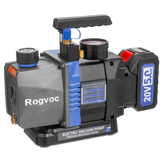 Cordless Vacuum Pump With Beastly Brushless Motor For HVAC And Auto Servicing Rogvoc 3.5 CFM with 20V battery, side view